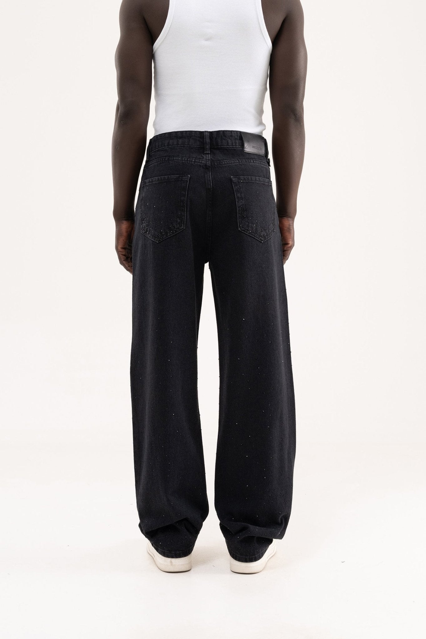 Erkek Studs Embellished Baggy Jean Pantolon Siyah Açık Taş
