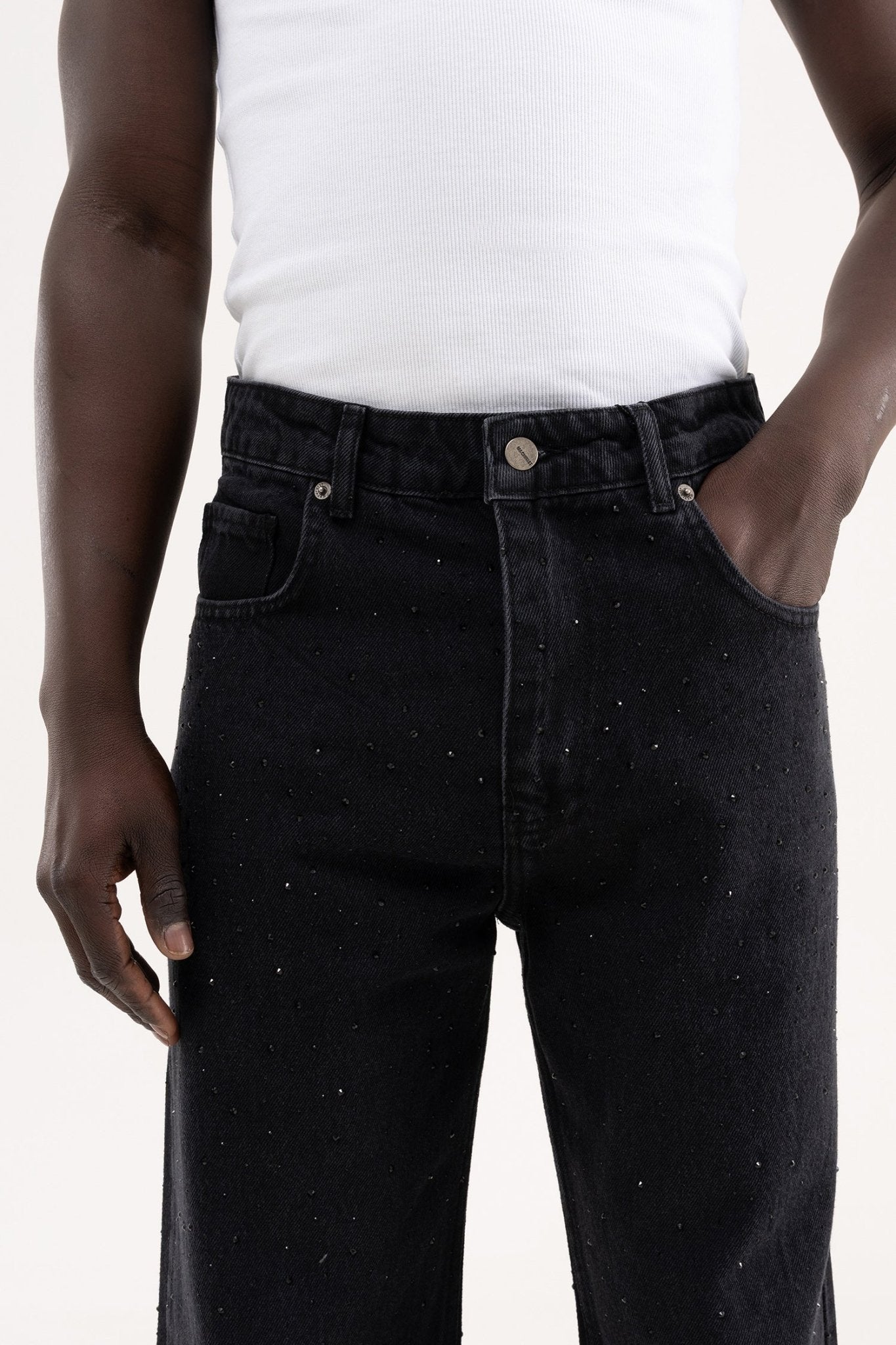Erkek Studs Embellished Baggy Jean Pantolon Siyah Açık Taş