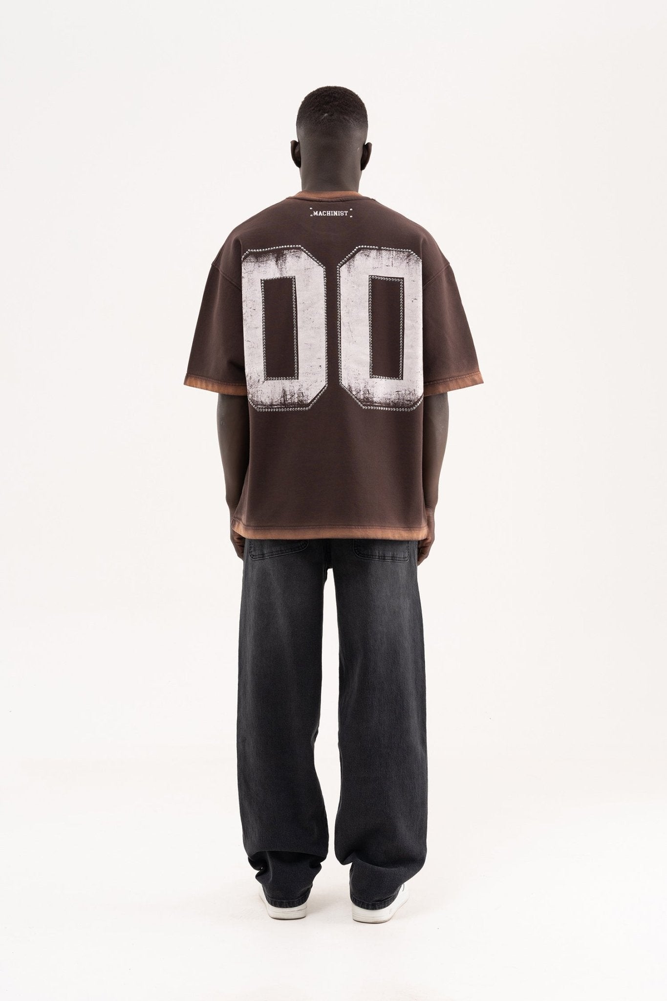 Erkek Studs Embellished Yıkamalı Oversize Tişört Koyu Kahverengi