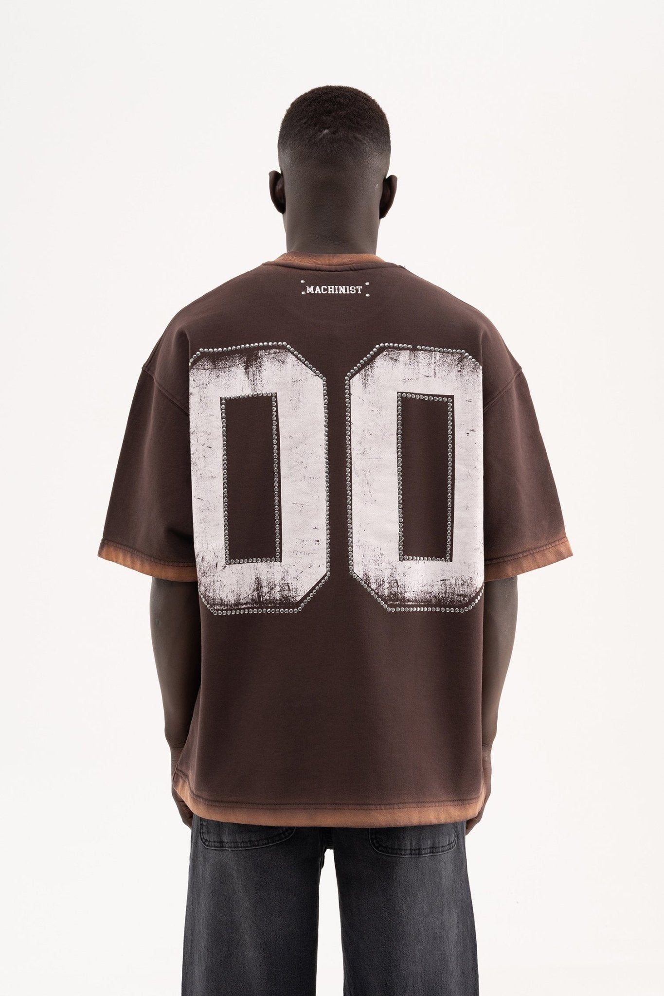 Erkek Studs Embellished Yıkamalı Oversize Tişört Koyu Kahverengi