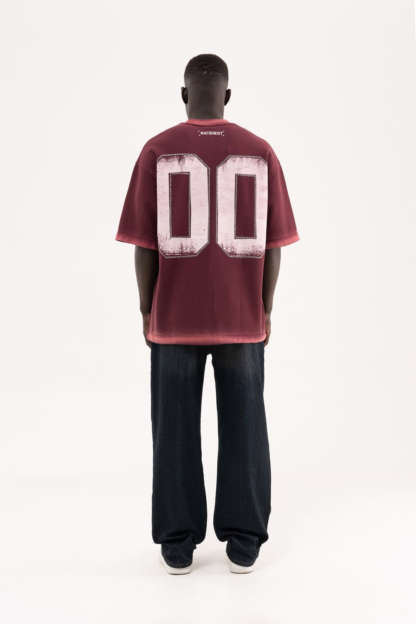 Erkek Studs Embellished Yıkamalı Oversize Tişört Vişne