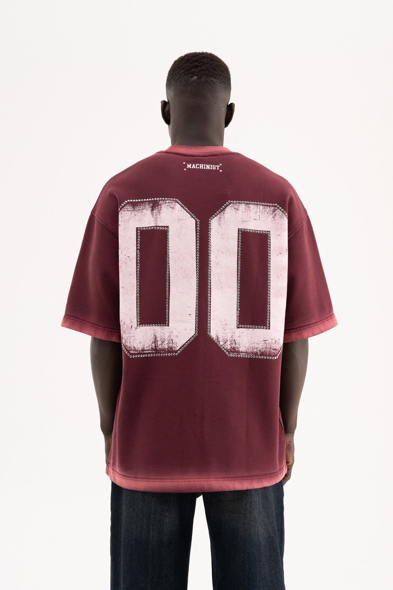 Erkek Studs Embellished Yıkamalı Oversize Tişört Vişne