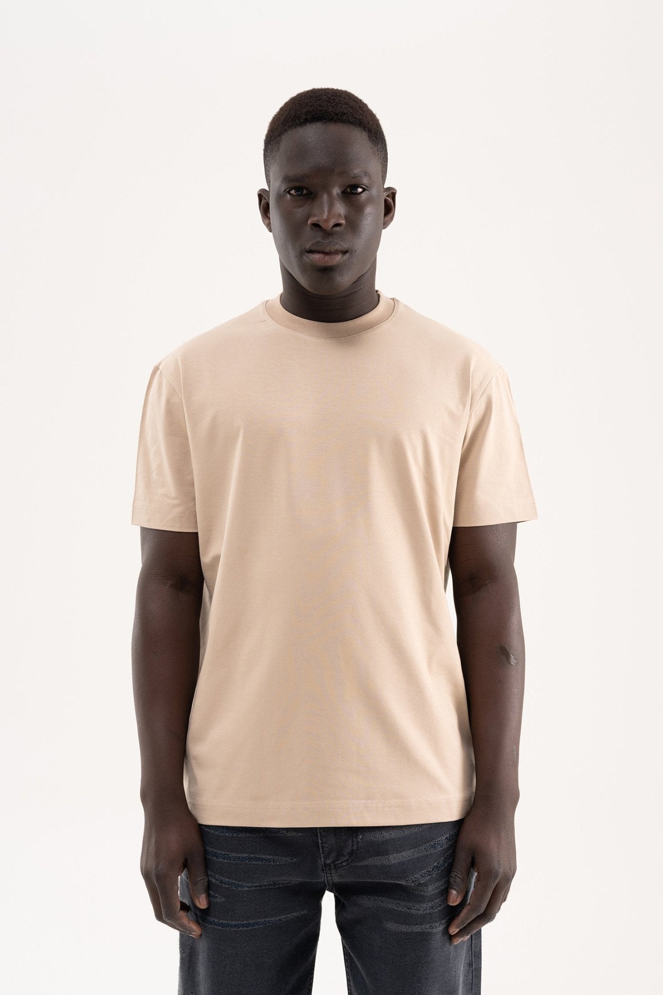 Erkek Stylish Basic Oversize Modal Tişört Açık Bej