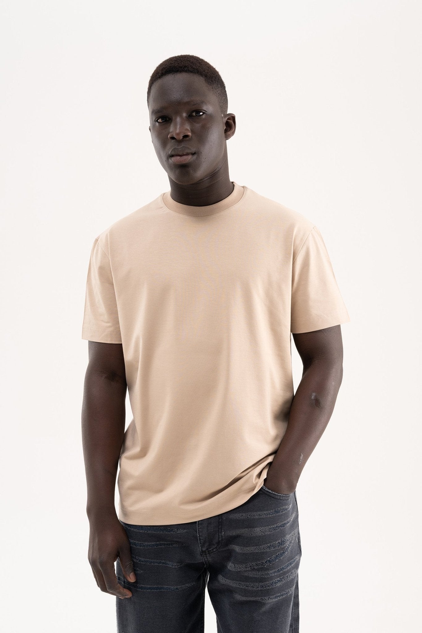 Erkek Stylish Basic Oversize Modal Tişört Açık Bej
