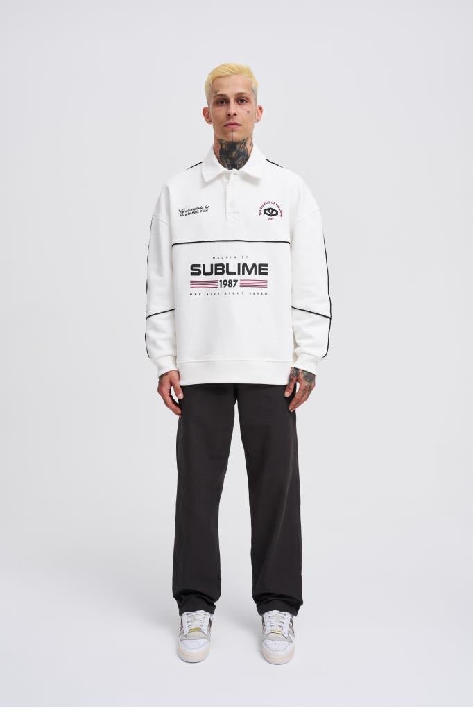 Erkek Sublime Printed Polo Sweatshirt Ekru