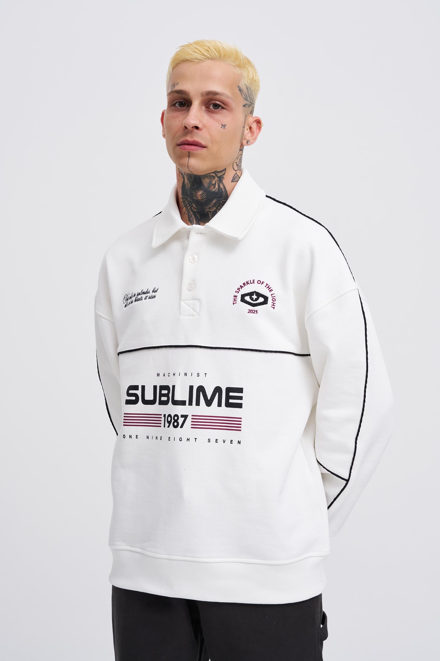 Erkek Sublime Printed Polo Sweatshirt Ekru