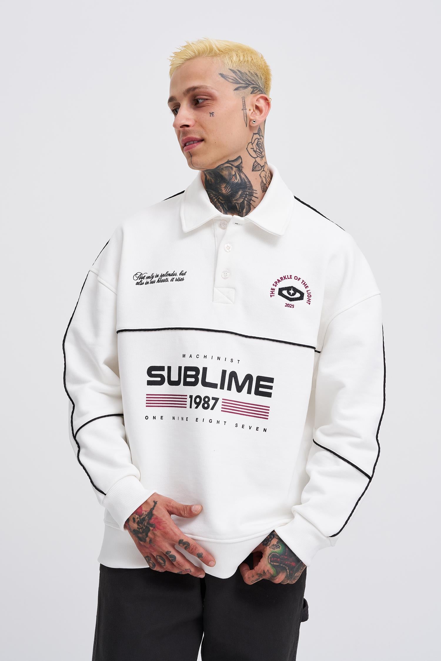 Erkek Sublime Printed Polo Sweatshirt Ekru