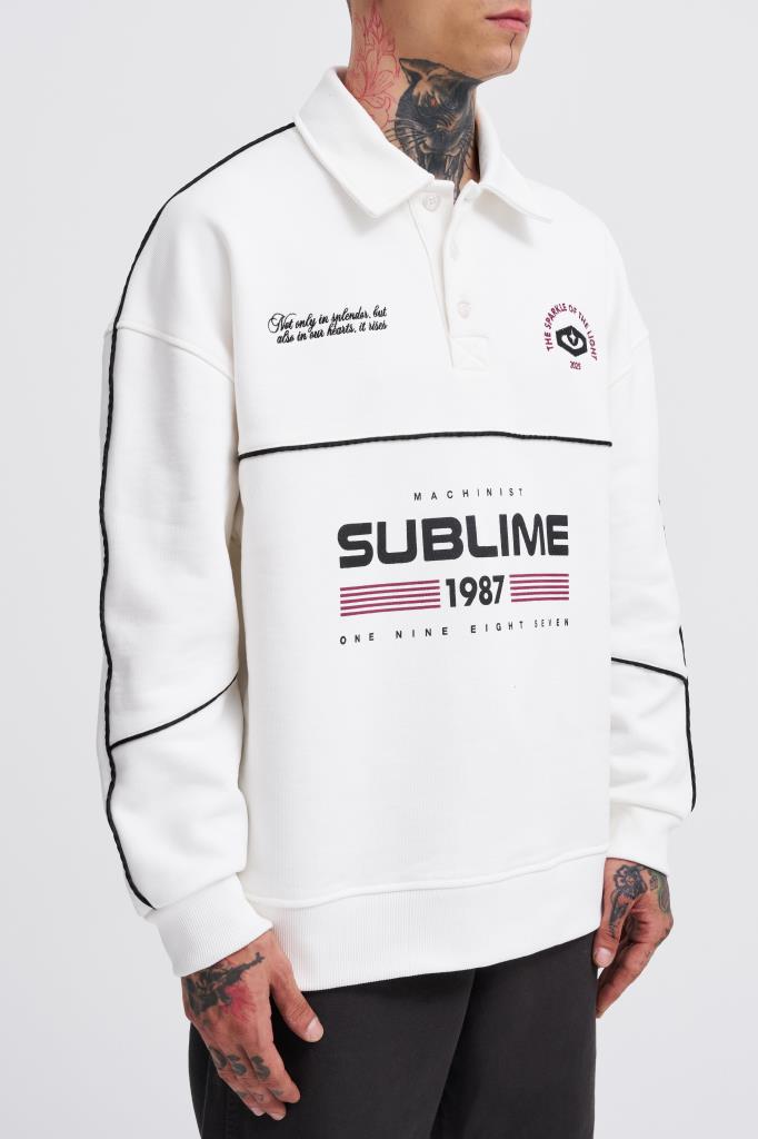 Erkek Sublime Printed Polo Sweatshirt Ekru