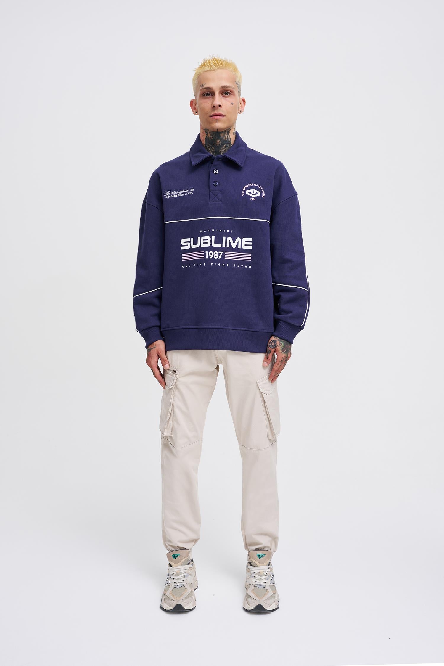Erkek Sublime Printed Polo Sweatshirt Gece Mavisi