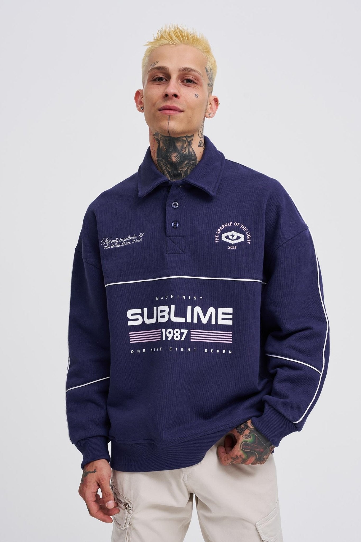 Erkek Sublime Printed Polo Sweatshirt Gece Mavisi
