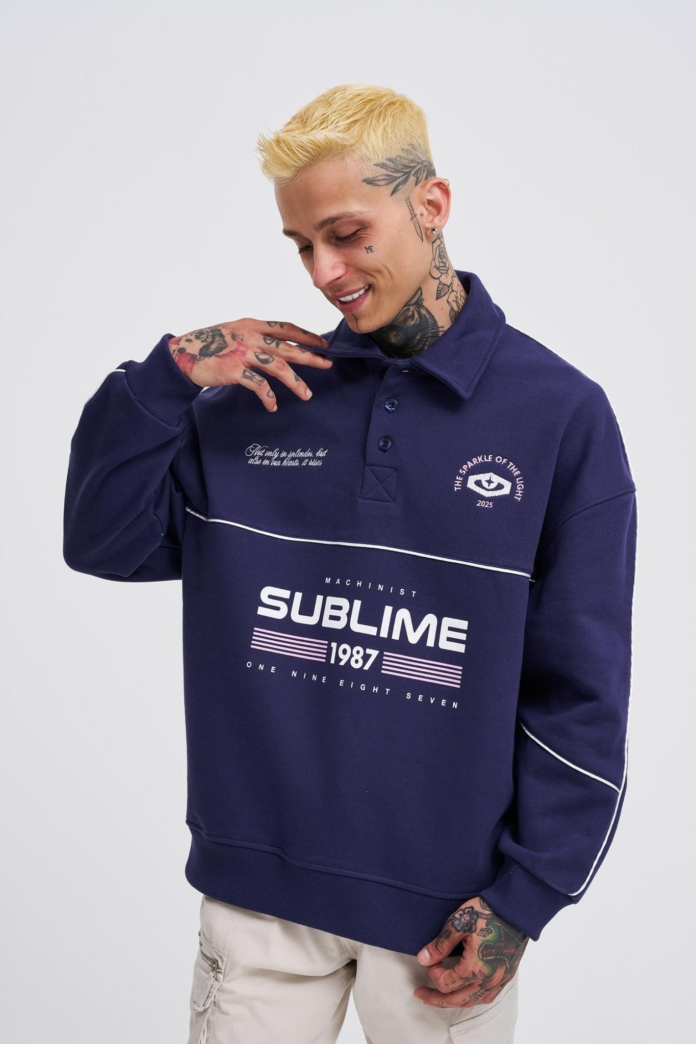 Erkek Sublime Printed Polo Sweatshirt Gece Mavisi