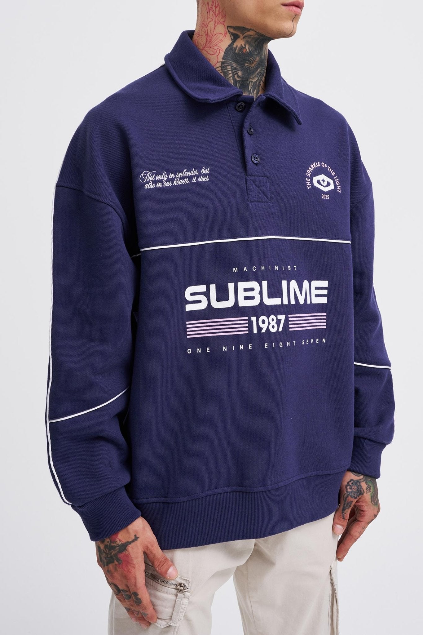 Erkek Sublime Printed Polo Sweatshirt Gece Mavisi