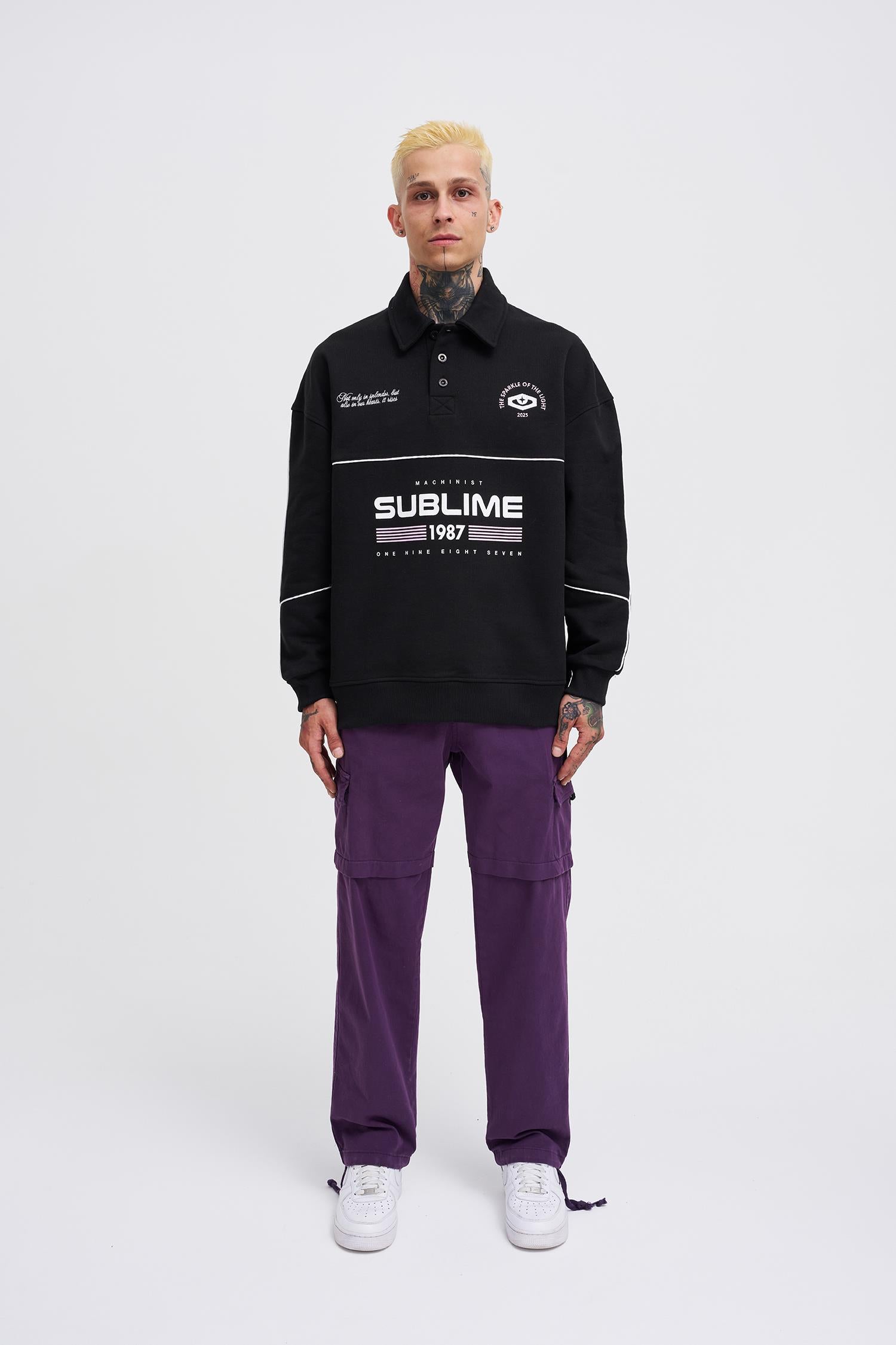 Erkek Sublime Printed Polo Sweatshirt Siyah
