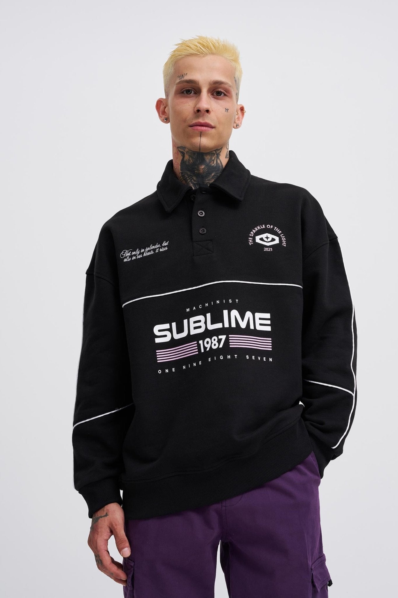 Erkek Sublime Printed Polo Sweatshirt Siyah