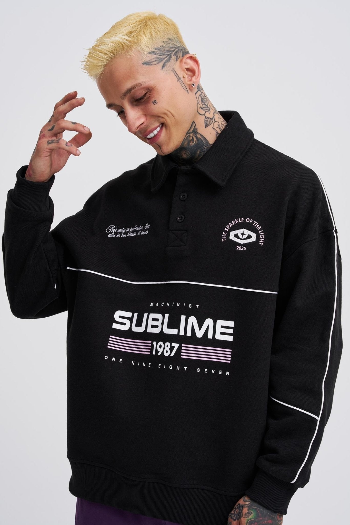 Erkek Sublime Printed Polo Sweatshirt Siyah