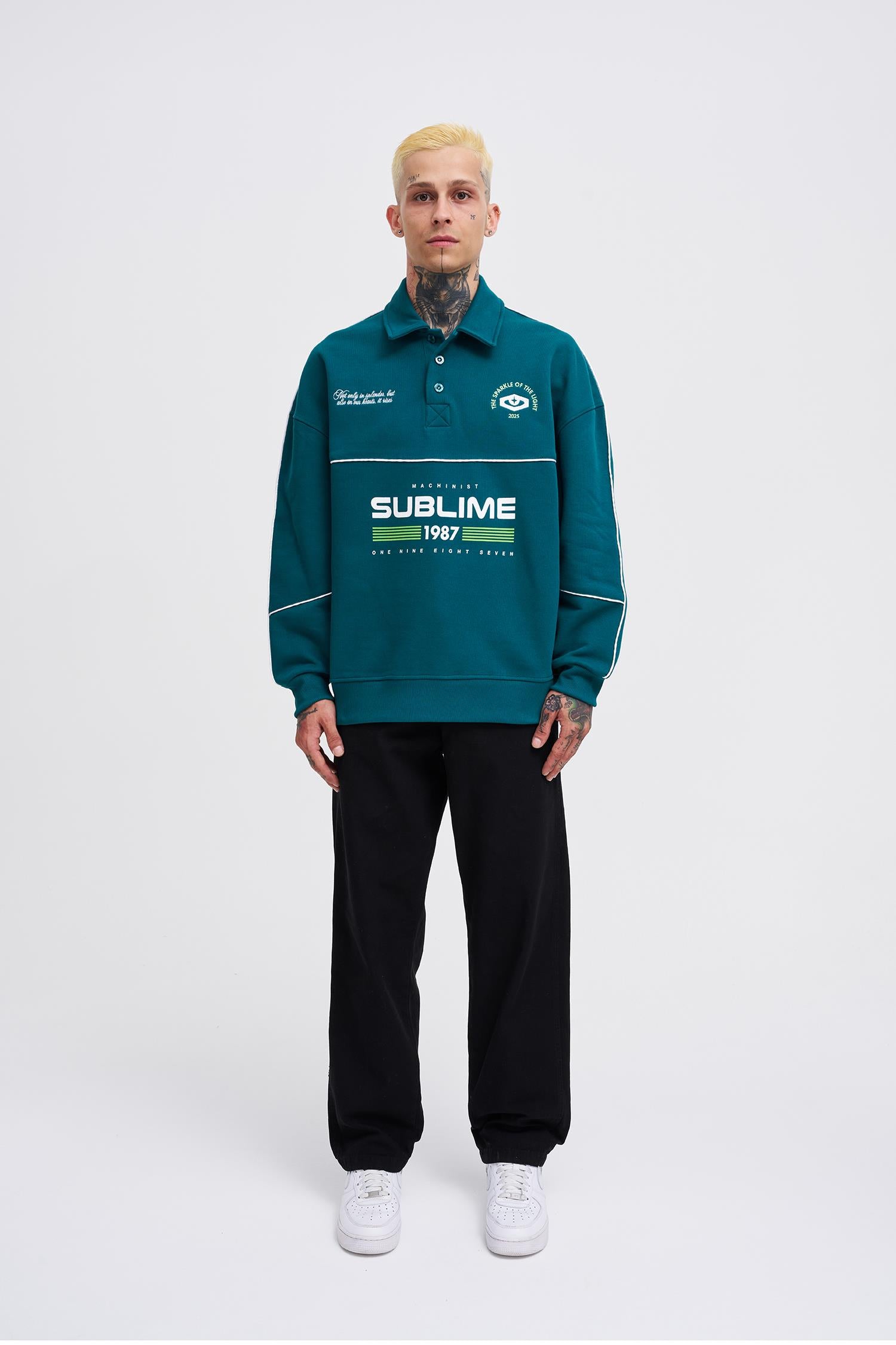 Erkek Sublime Printed Polo Sweatshirt Yağ Yeşili