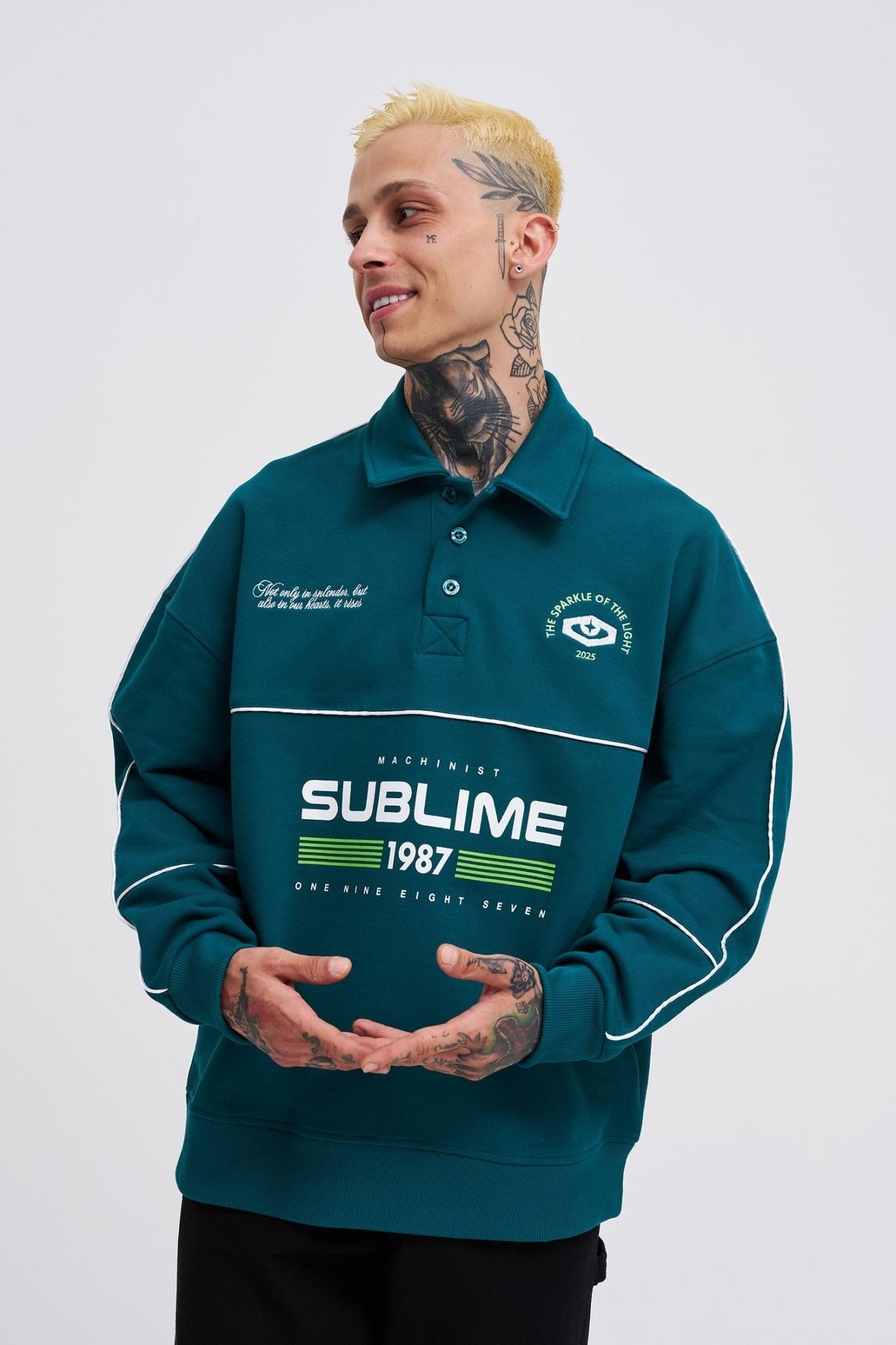 Erkek Sublime Printed Polo Sweatshirt Yağ Yeşili