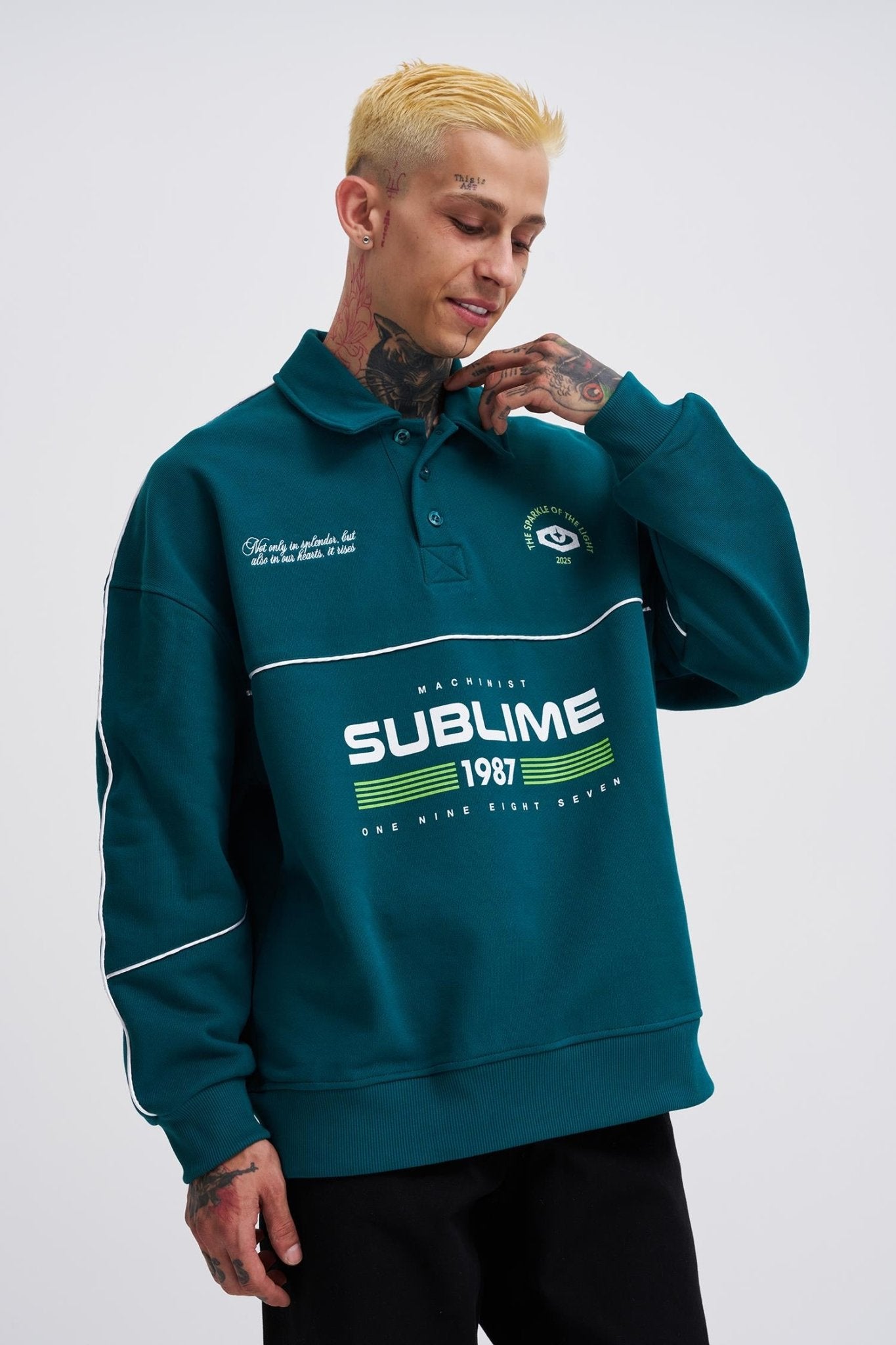 Erkek Sublime Printed Polo Sweatshirt Yağ Yeşili