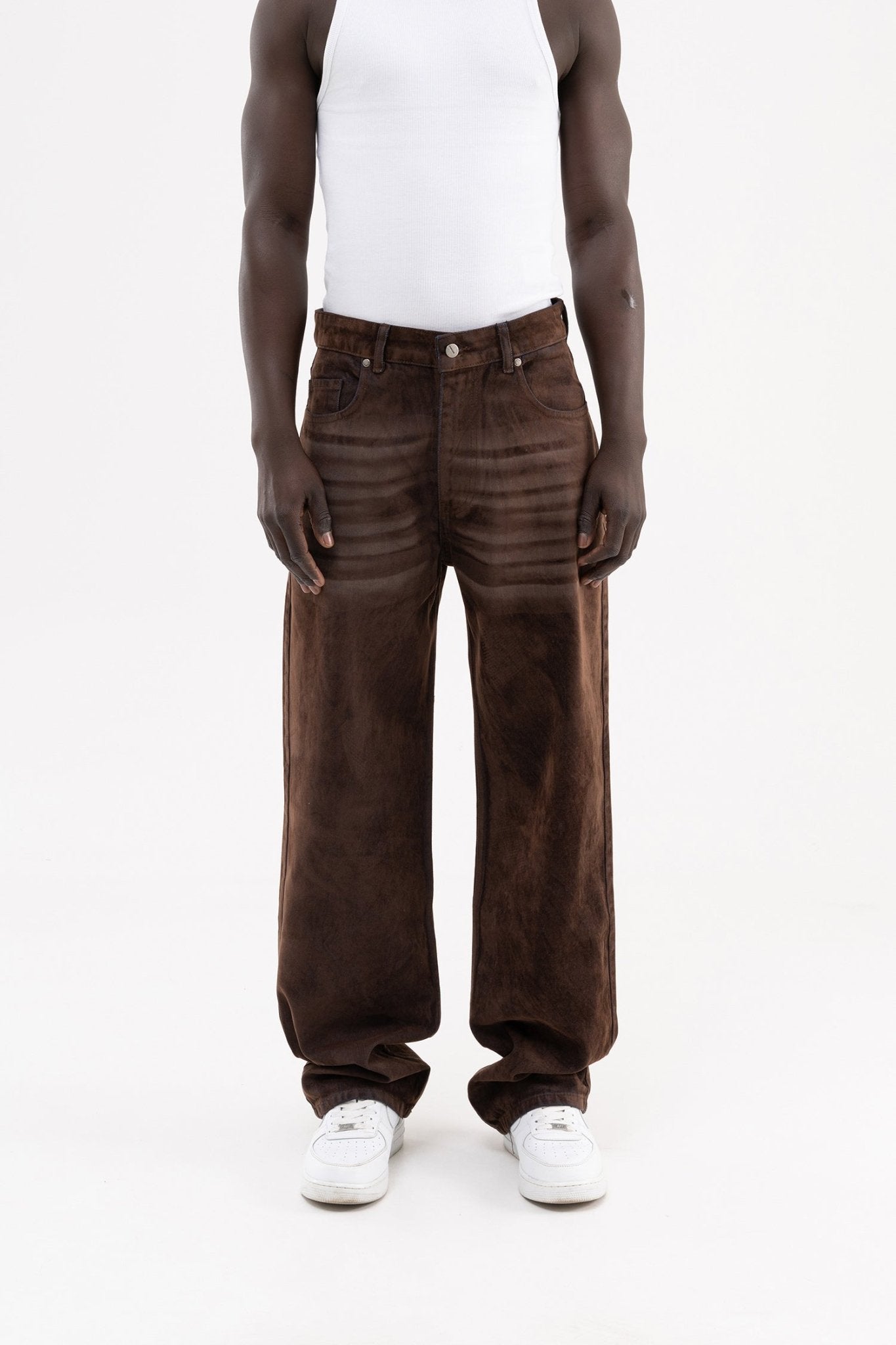 Erkek Suede Finish Baggy Jean Pantolon Kahverengi