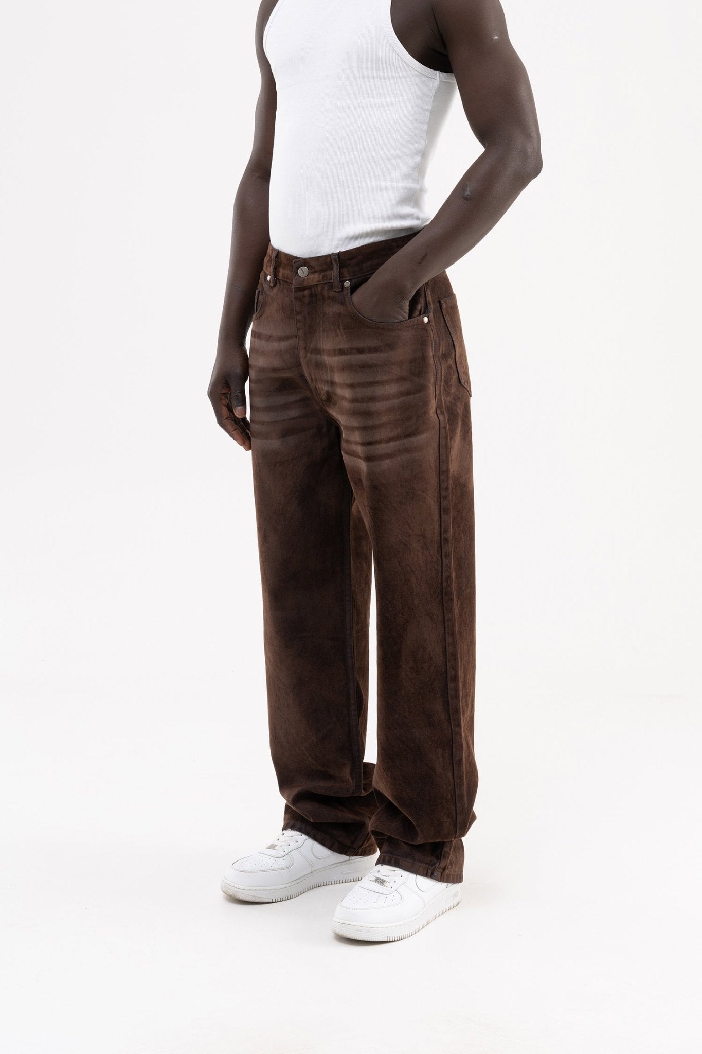 Erkek Suede Finish Baggy Jean Pantolon Kahverengi
