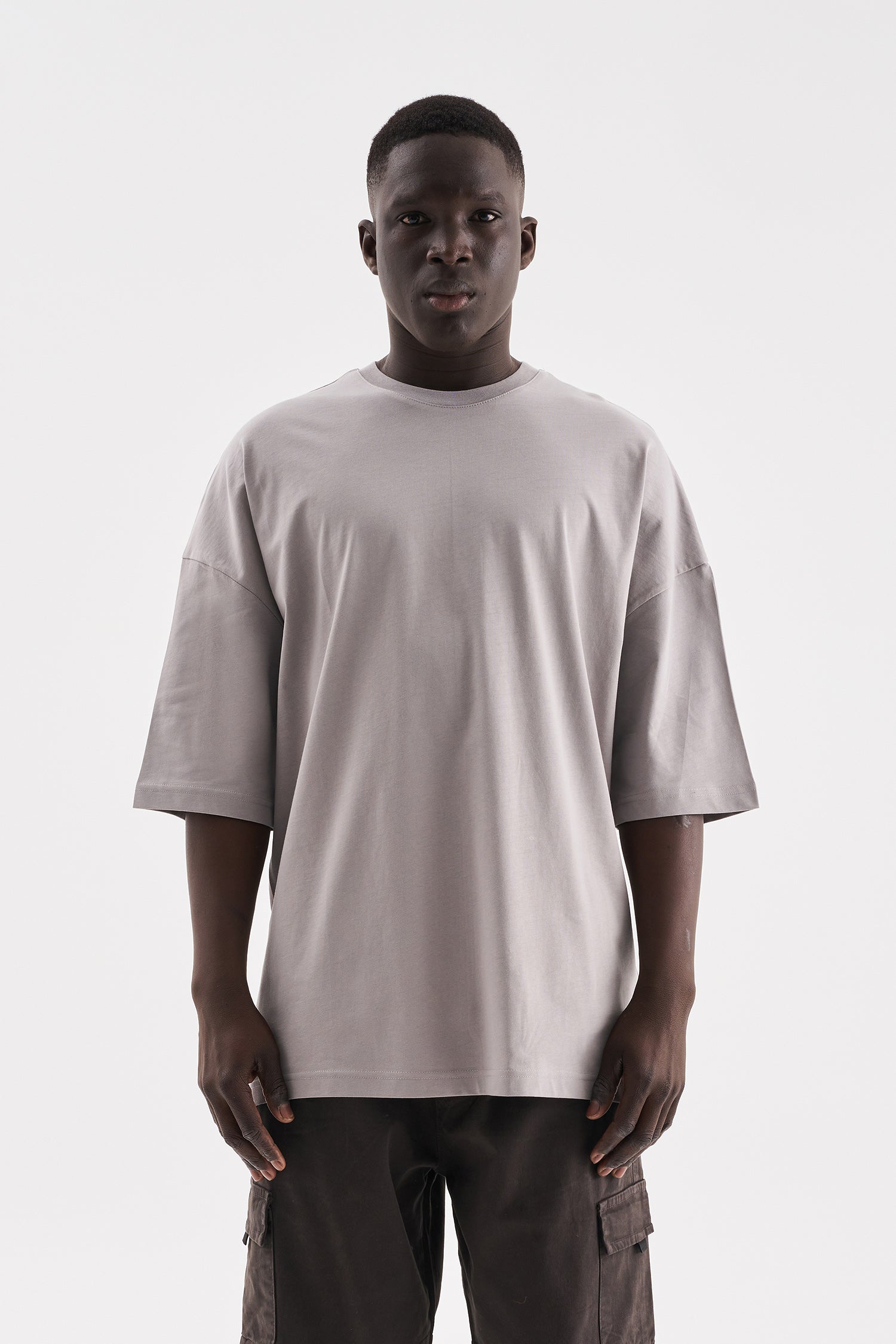 Erkek Süper Oversize Basic Tişört Açık Gri