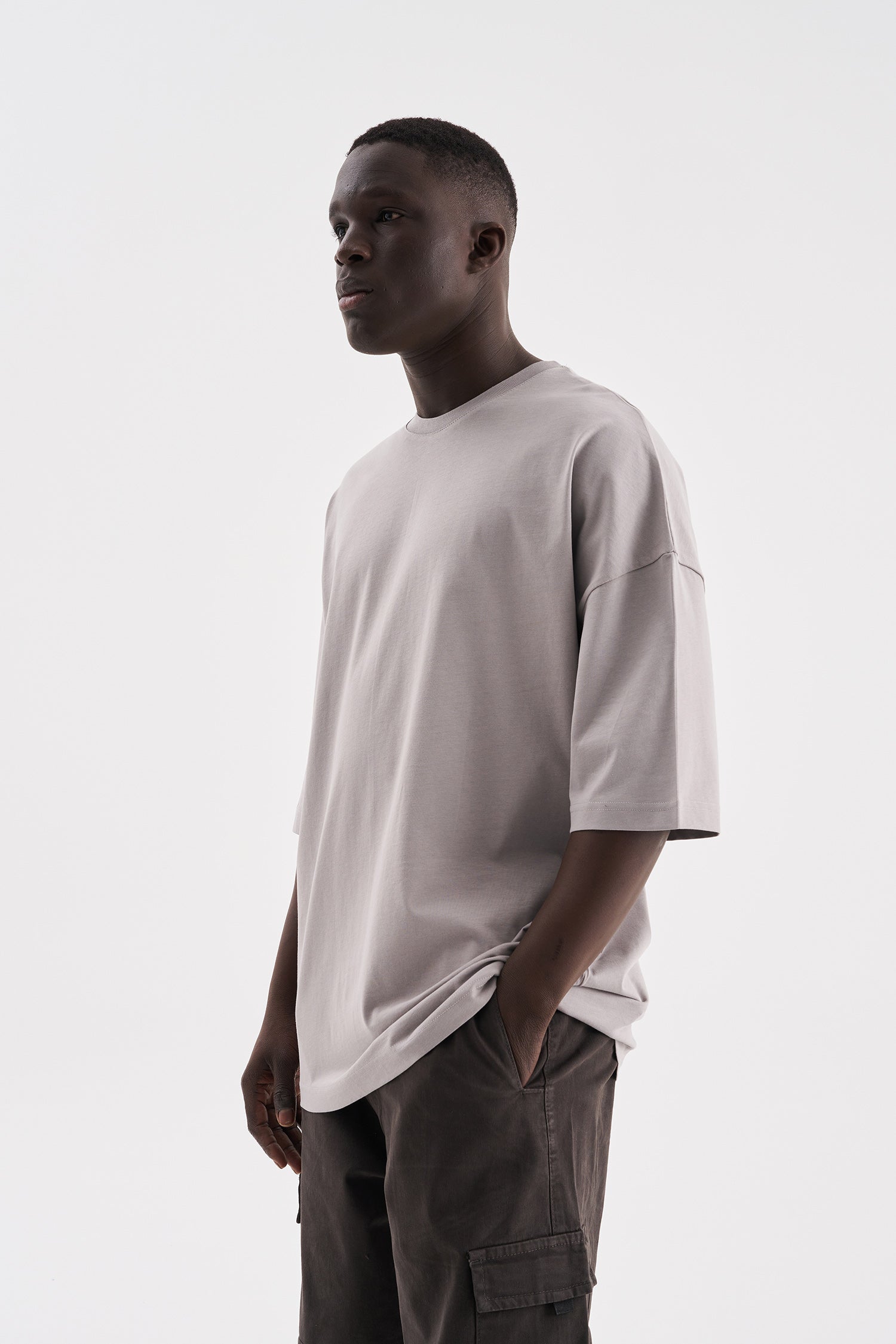 Erkek Süper Oversize Basic Tişört Açık Gri