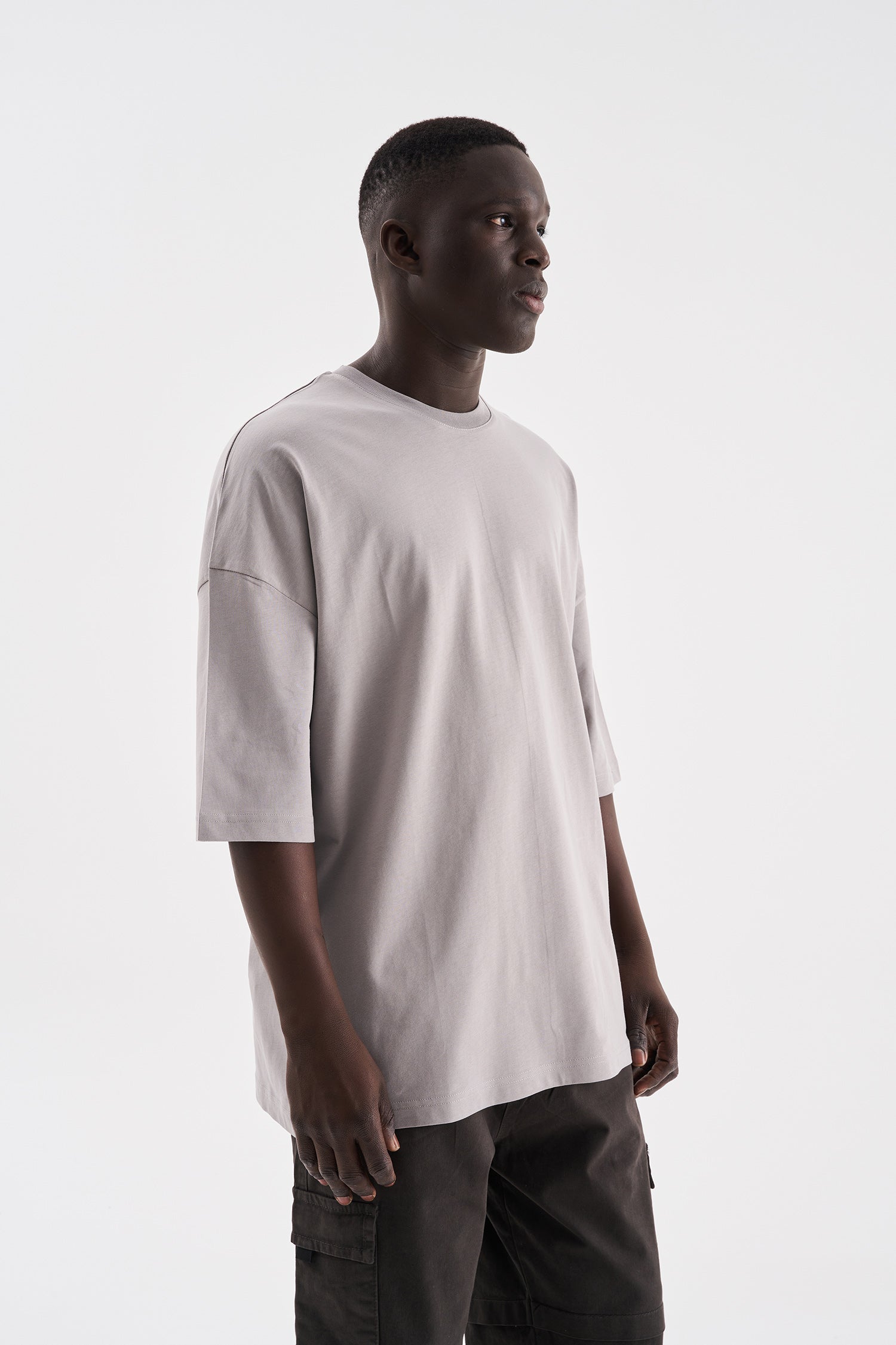 Erkek Süper Oversize Basic Tişört Açık Gri-3