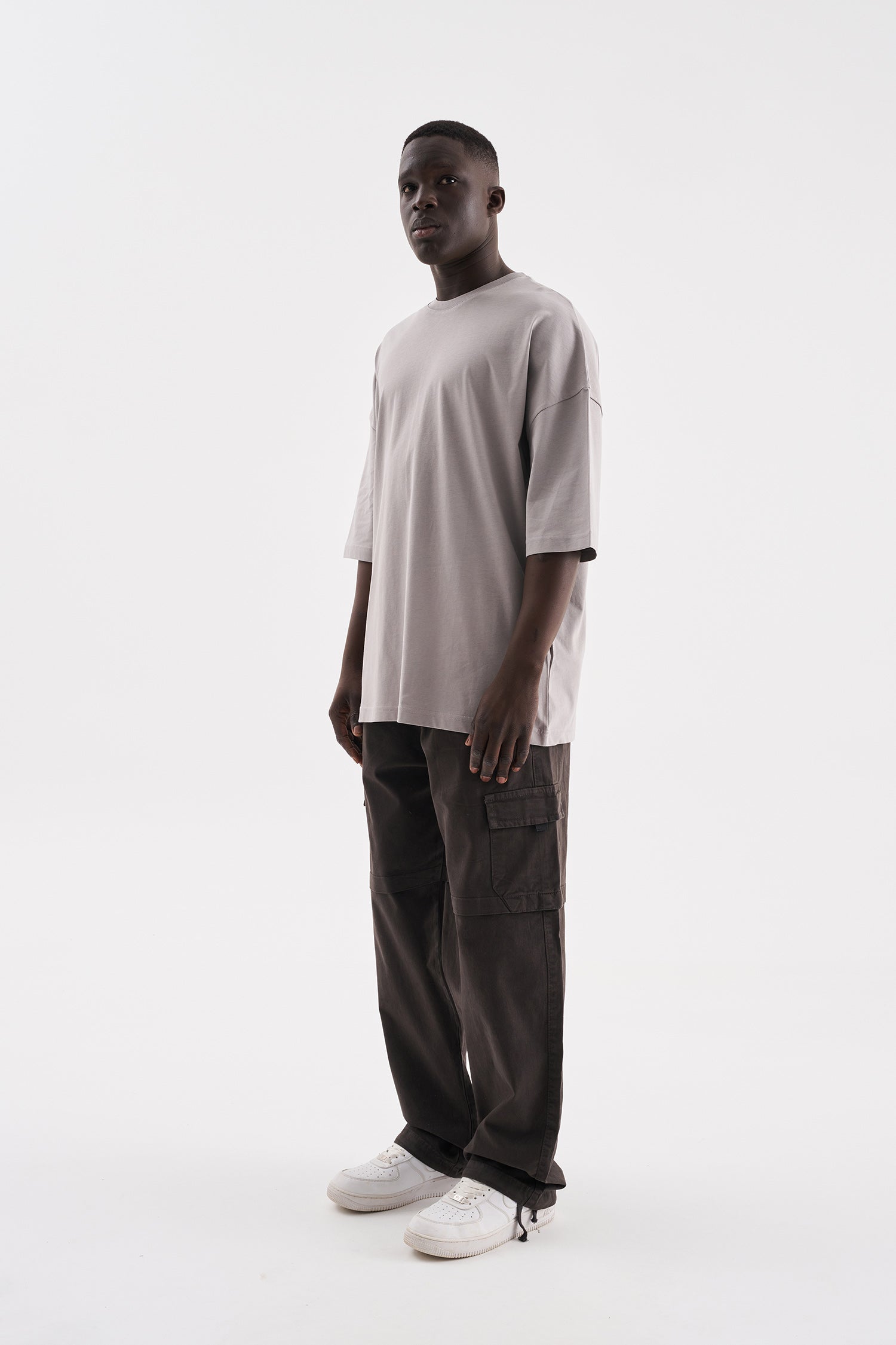 Erkek Süper Oversize Basic Tişört Açık Gri-7