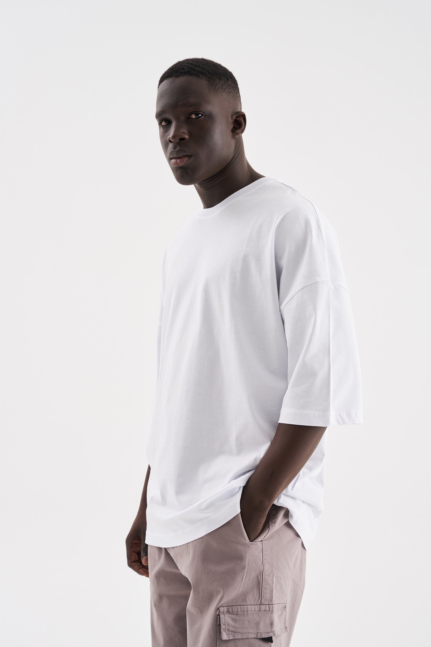 Erkek Süper Oversize Basic Tişört Beyaz-3