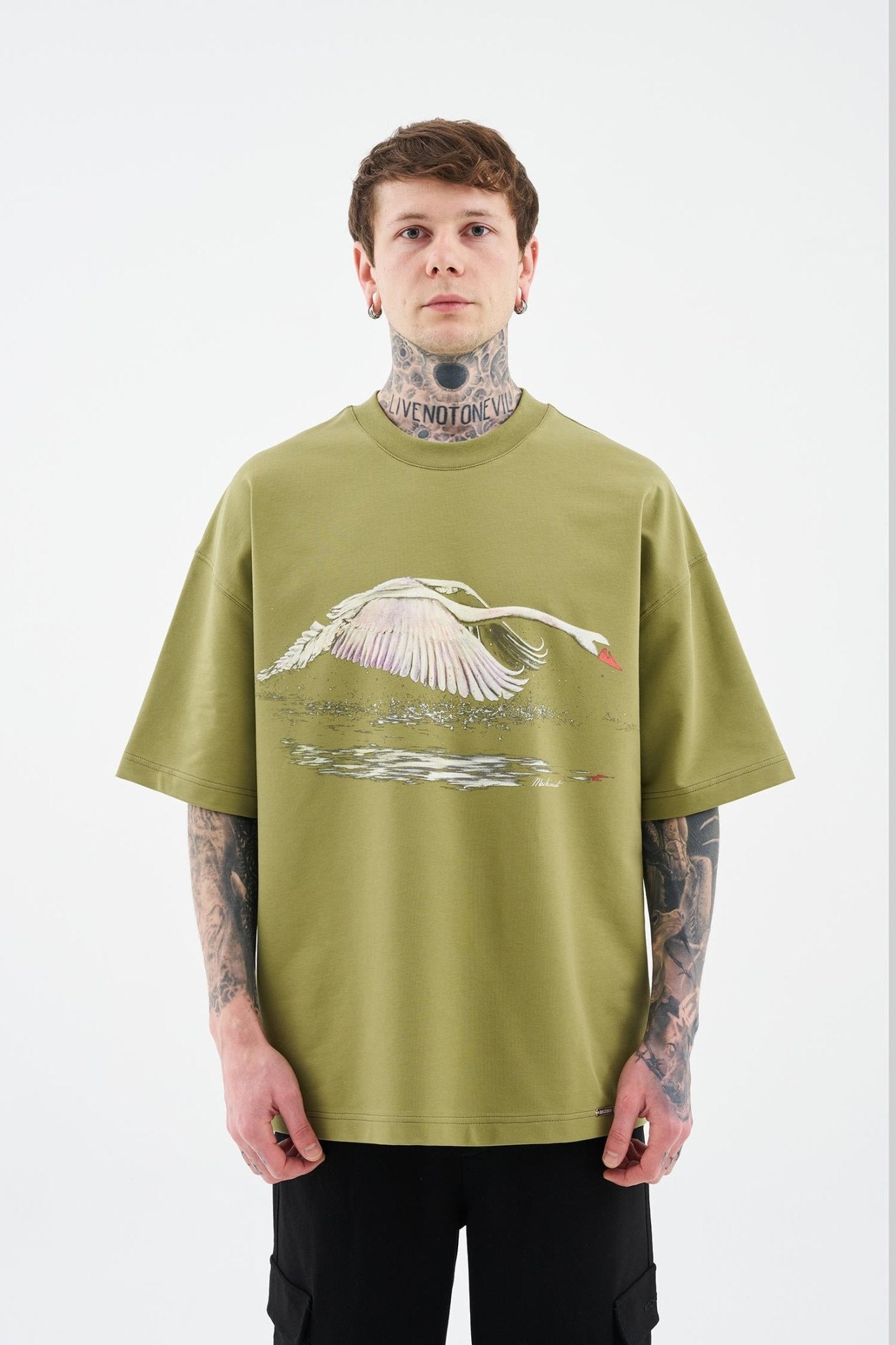 Erkek Swan Printed Oversi̇ze Ti̇şört Askeri Yeşil
