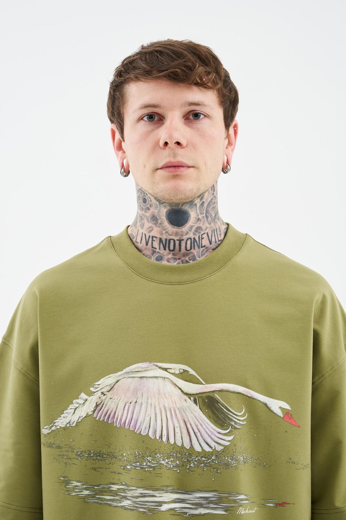 Erkek Swan Printed Oversi̇ze Ti̇şört Askeri Yeşil