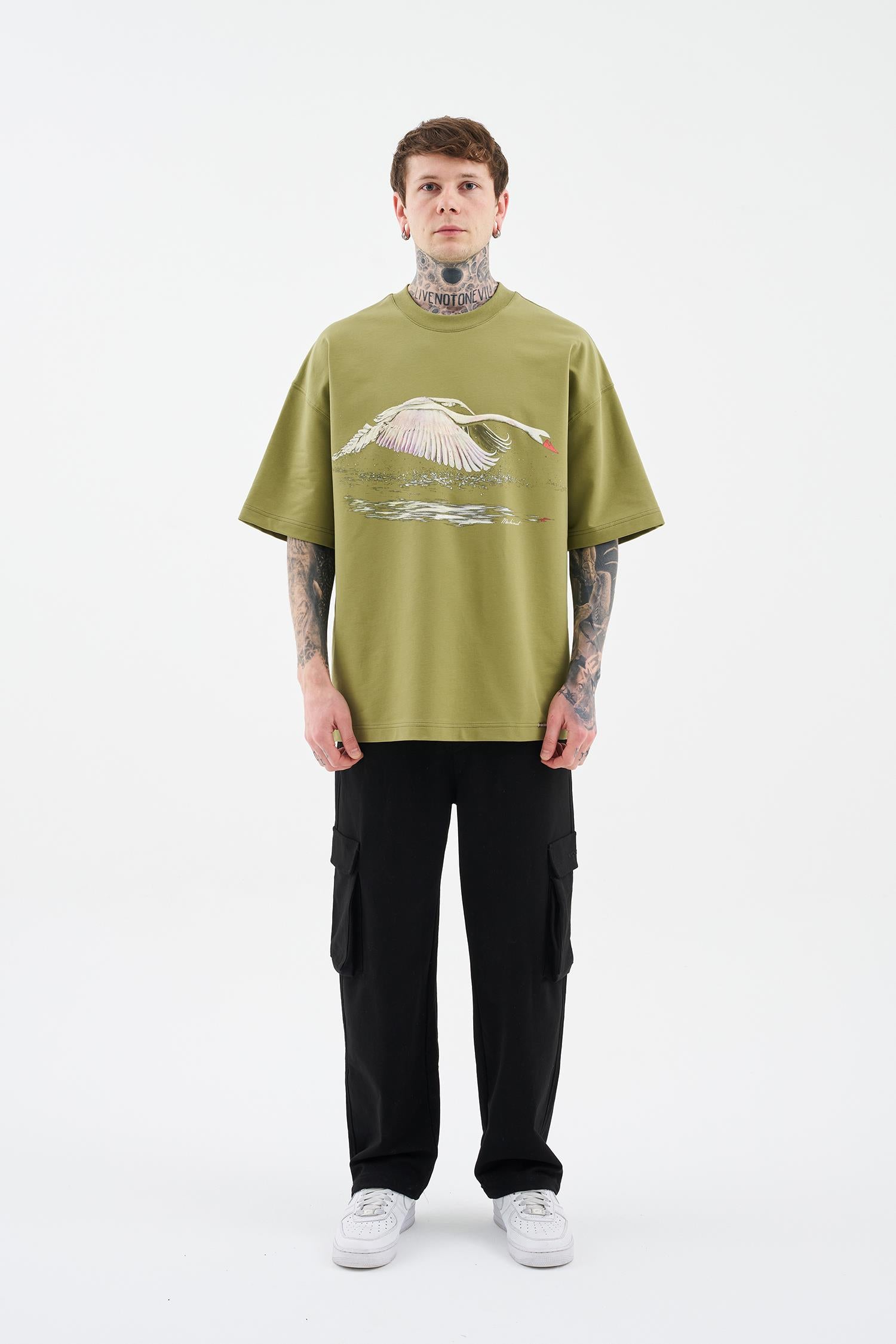 Erkek Swan Printed Oversi̇ze Ti̇şört Askeri Yeşil