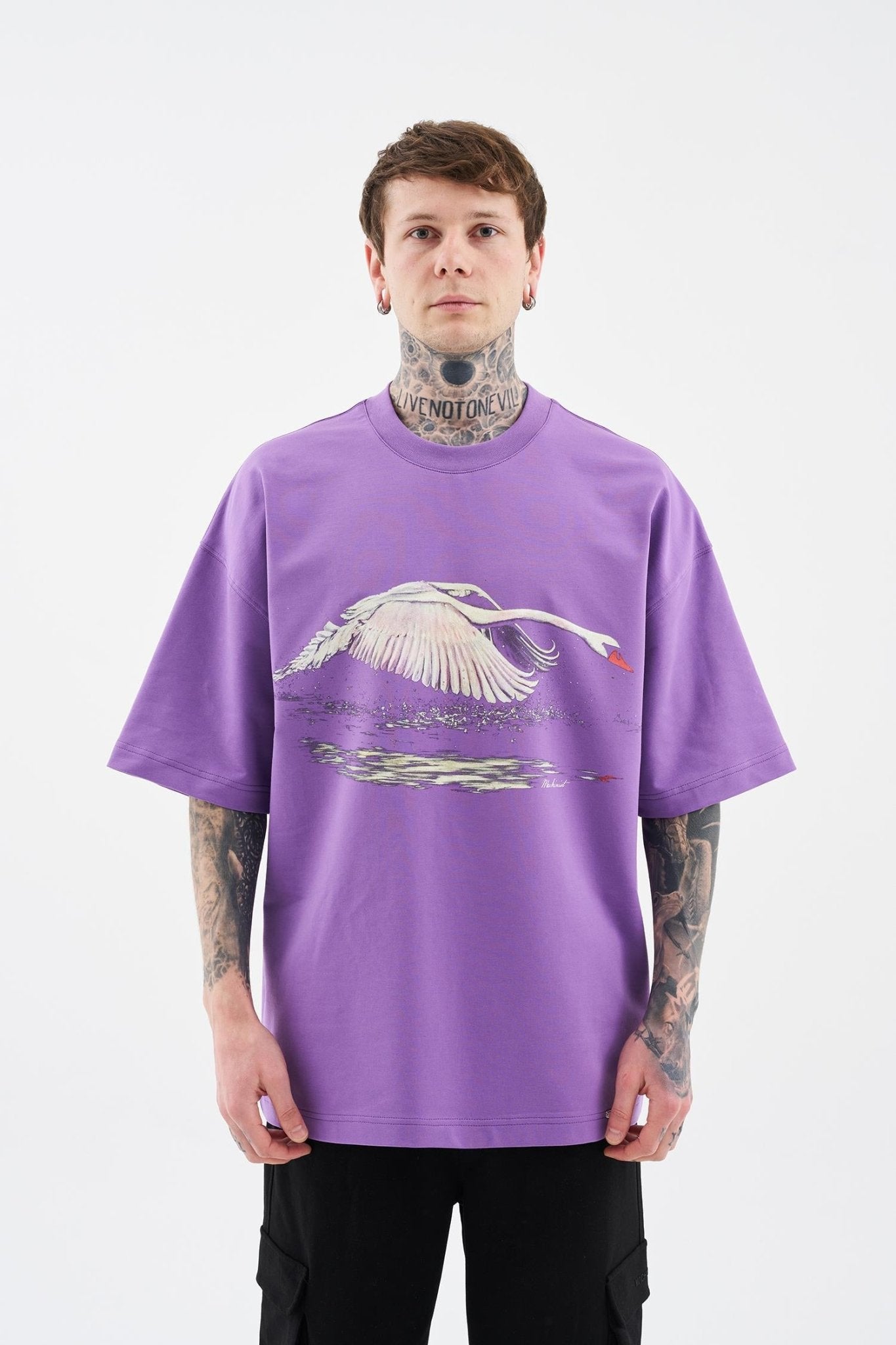 Erkek Swan Printed Oversi̇ze Ti̇şört Mor