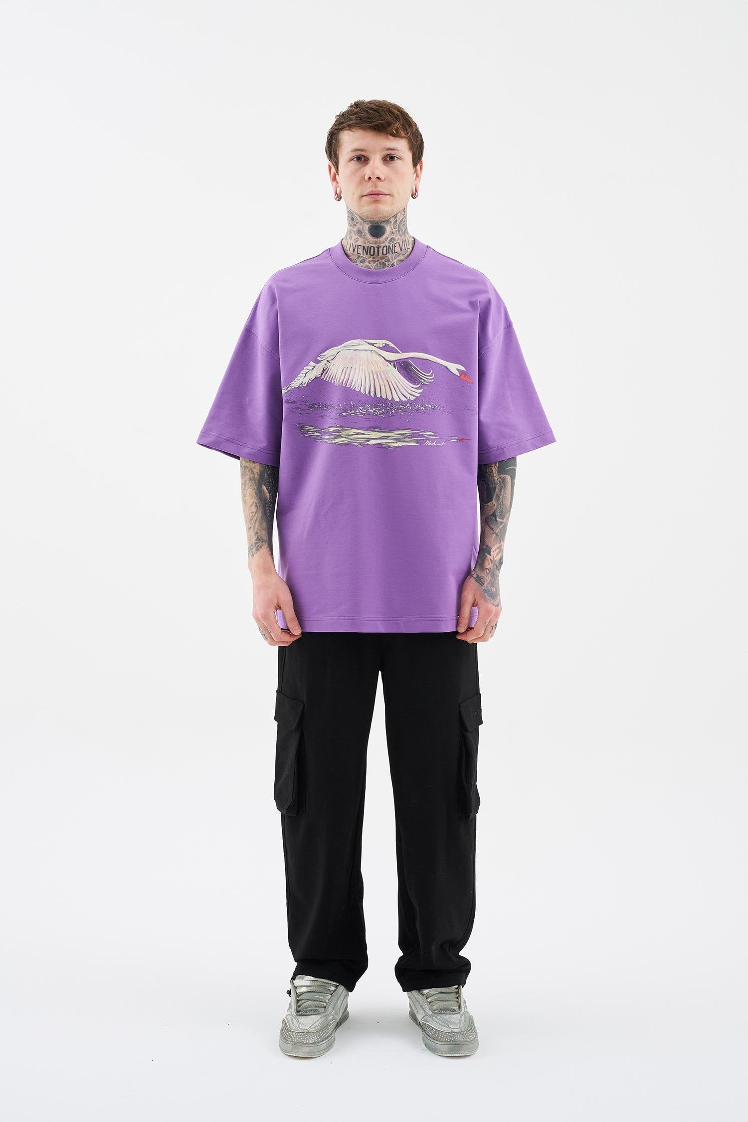 Erkek Swan Printed Oversi̇ze Ti̇şört Mor