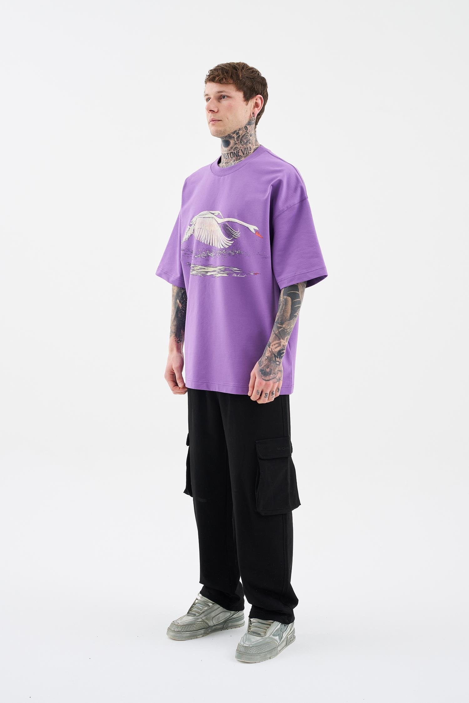 Erkek Swan Printed Oversi̇ze Ti̇şört Mor