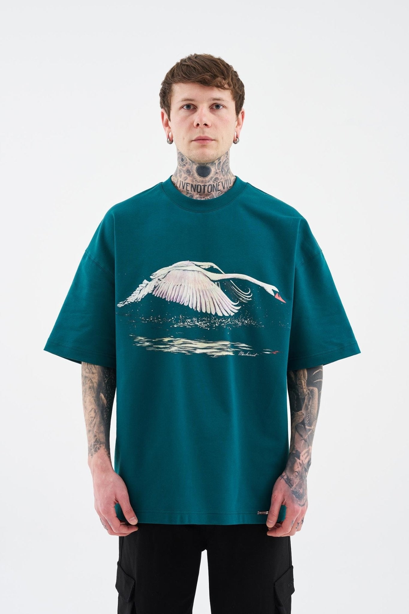 Erkek Swan Printed Oversi̇ze Ti̇şört Yağ Yeşili
