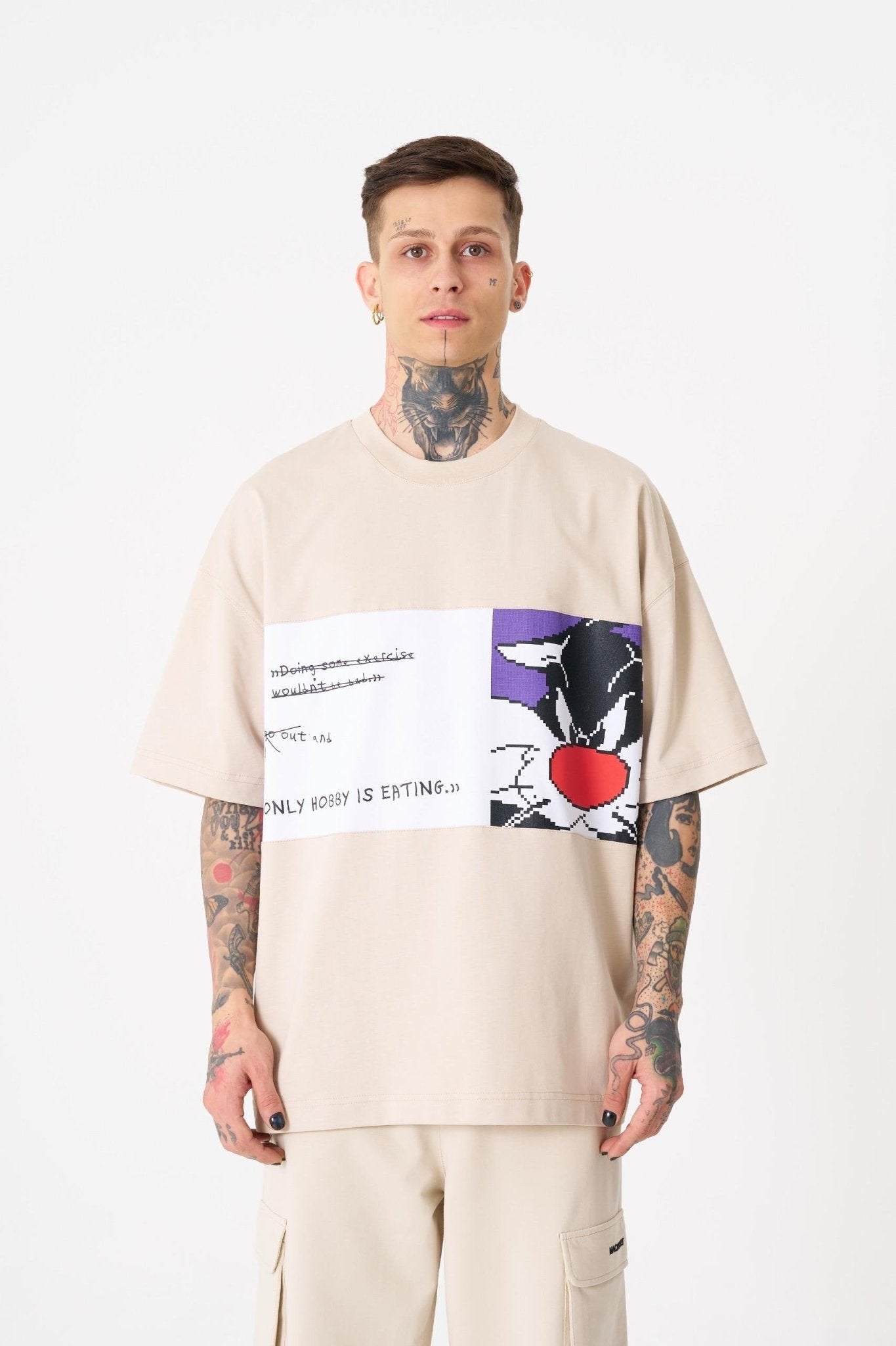 Erkek Sylvester Baskılı Oversize Tişört Açık Bej