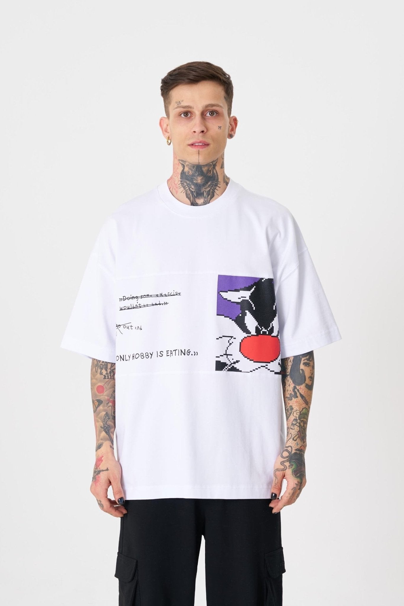 Erkek Sylvester Baskılı Oversize Tişört Beyaz