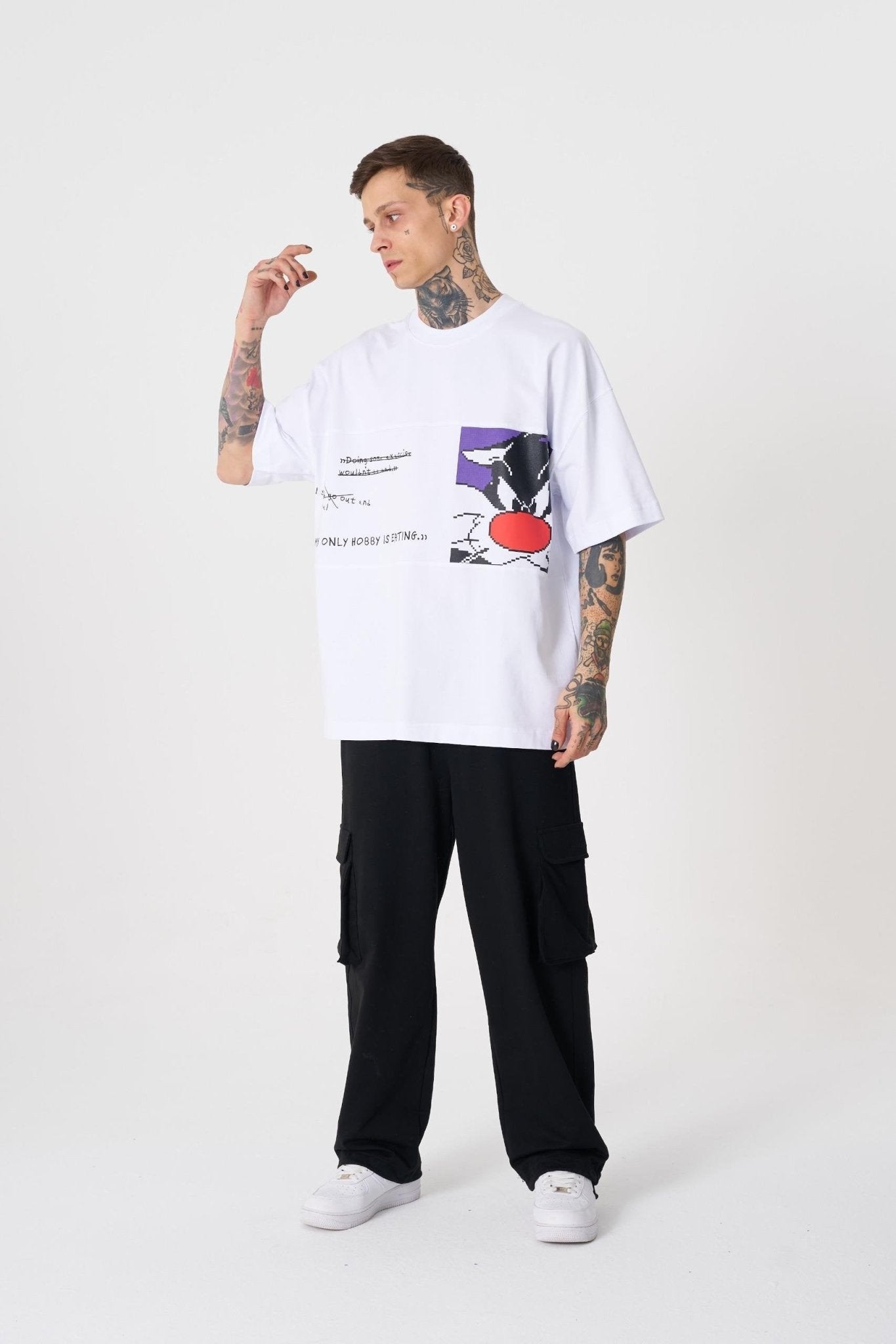 Erkek Sylvester Baskılı Oversize Tişört Beyaz