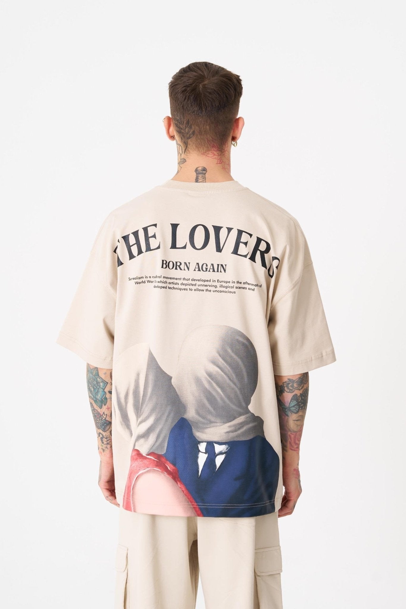 Erkek The Lovers Baskılı Oversize Tişört Açık Bej
