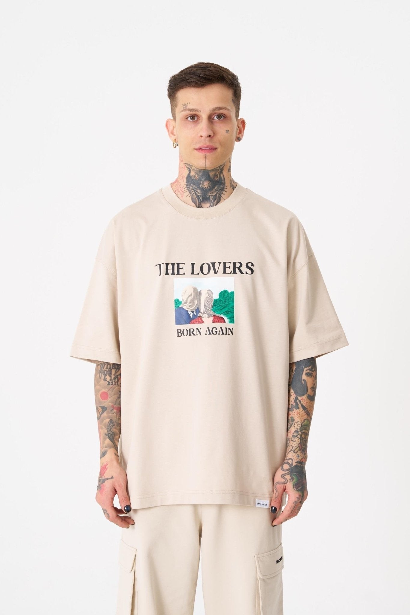 Erkek The Lovers Baskılı Oversize Tişört Açık Bej