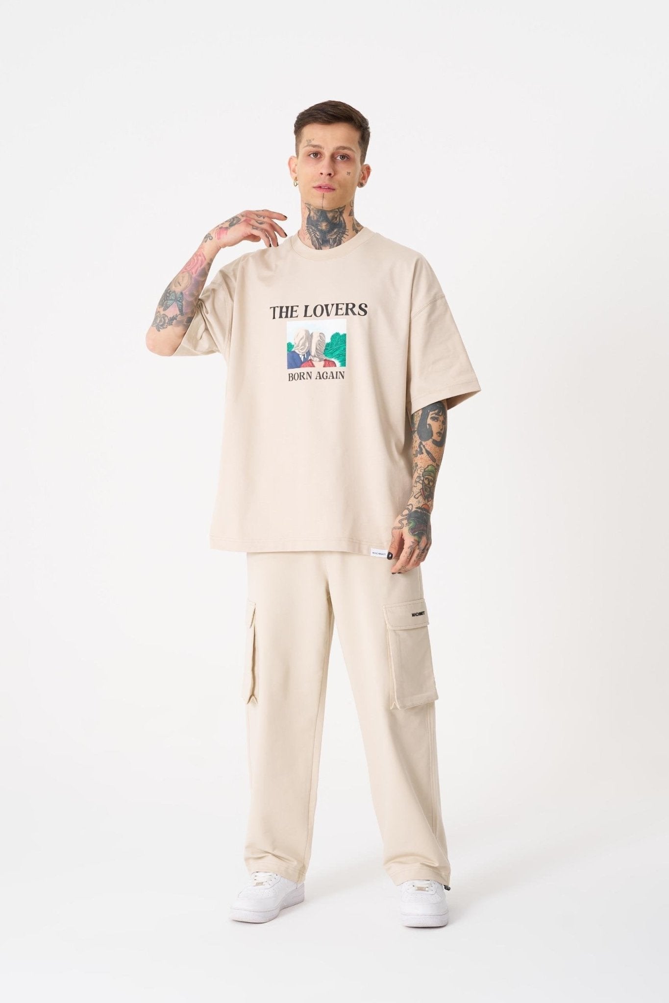 Erkek The Lovers Baskılı Oversize Tişört Açık Bej
