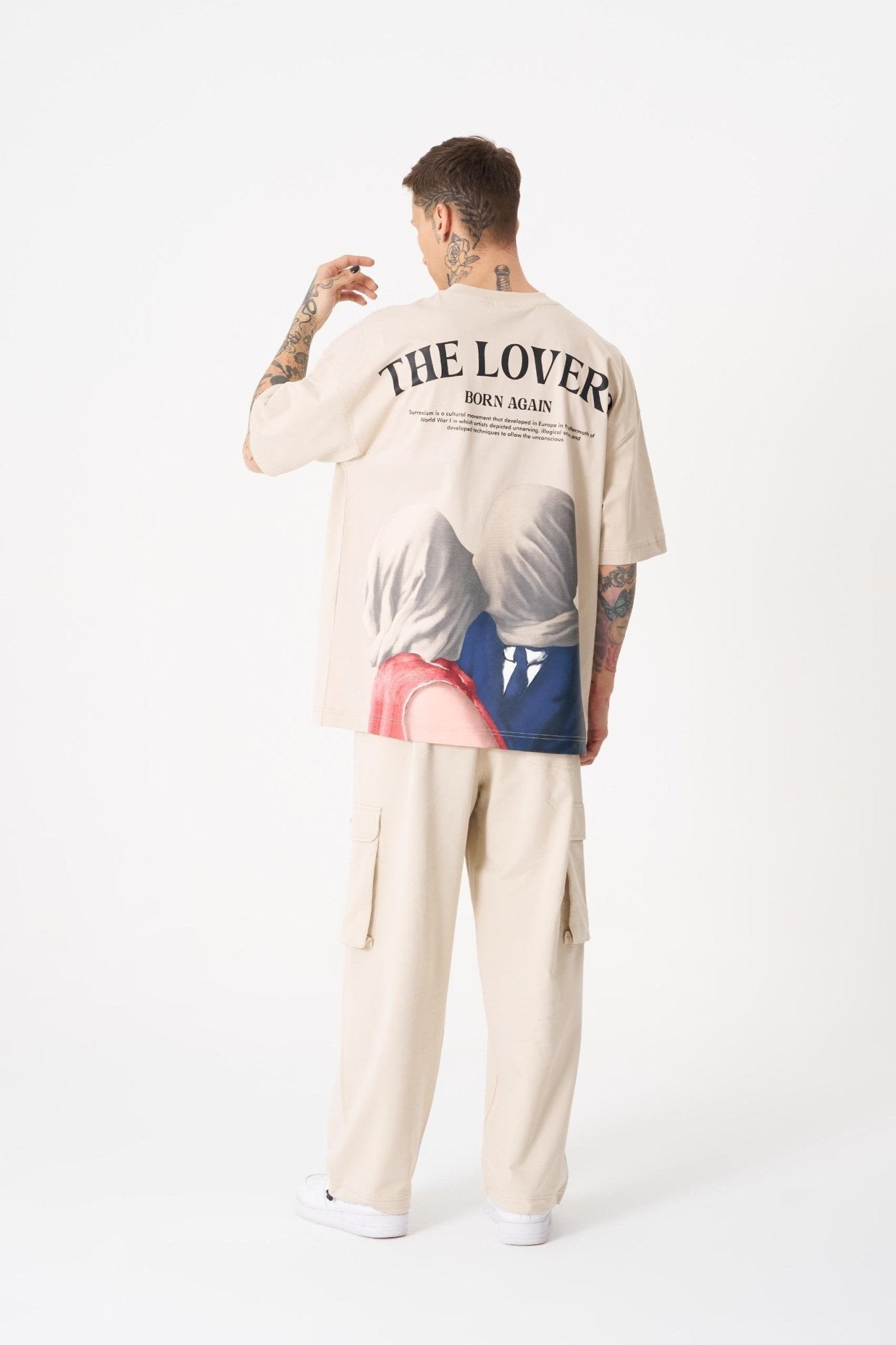 Erkek The Lovers Baskılı Oversize Tişört Açık Bej
