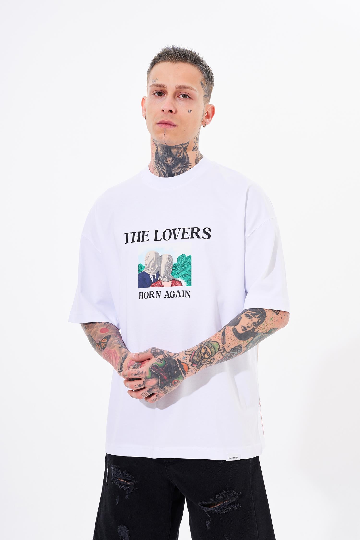 Erkek The Lovers Baskılı Oversize Tişört Beyaz