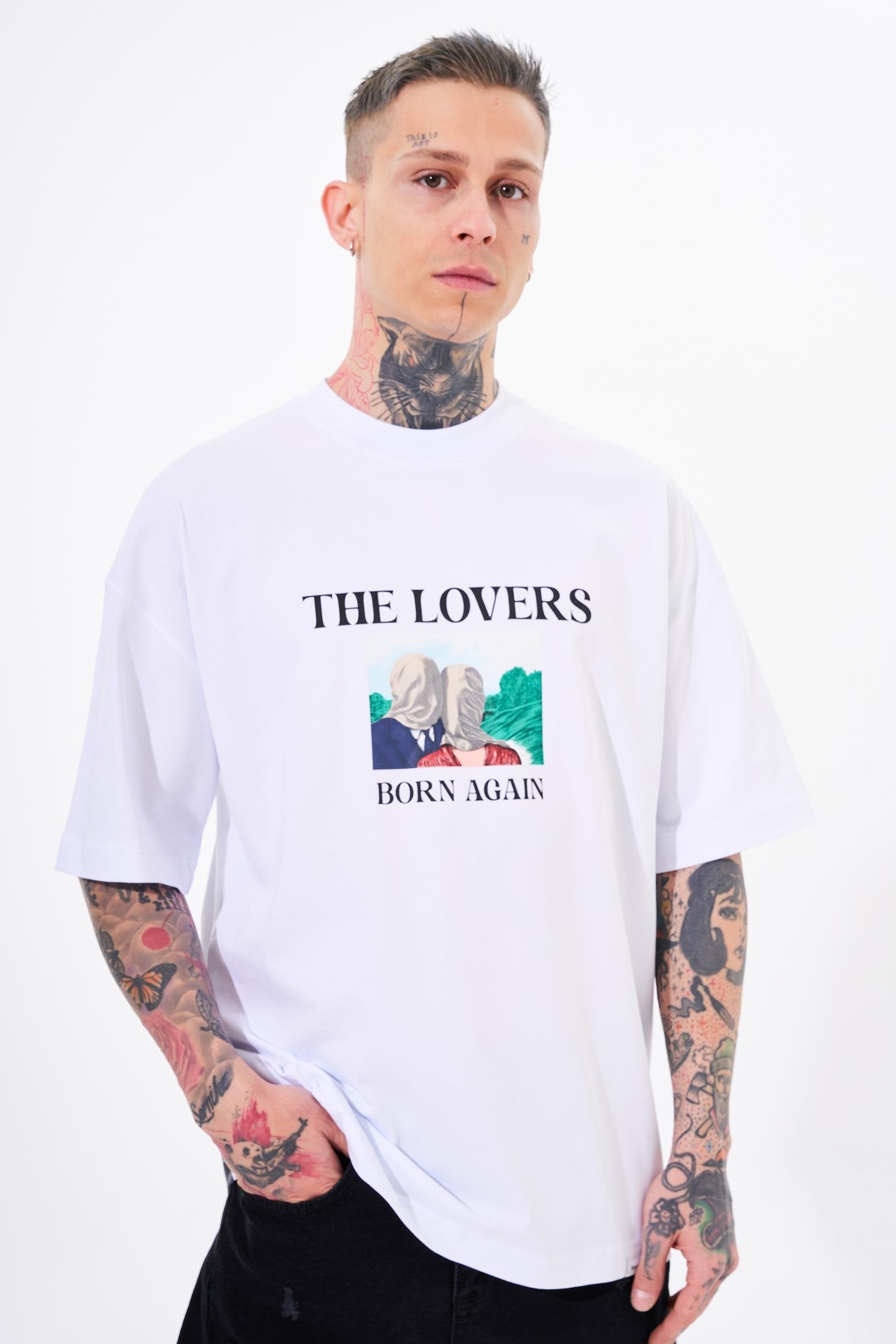 Erkek The Lovers Baskılı Oversize Tişört Beyaz