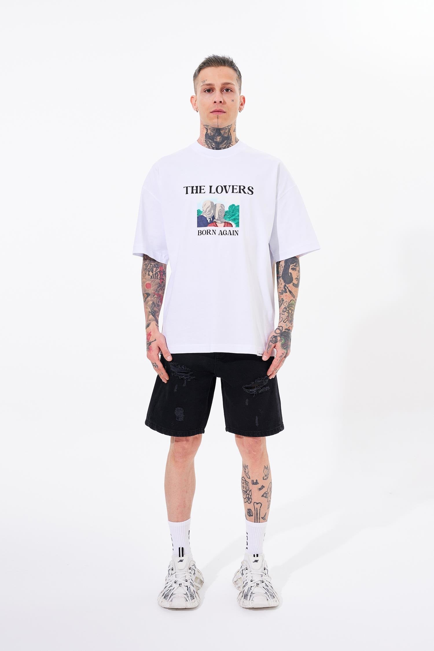 Erkek The Lovers Baskılı Oversize Tişört Beyaz