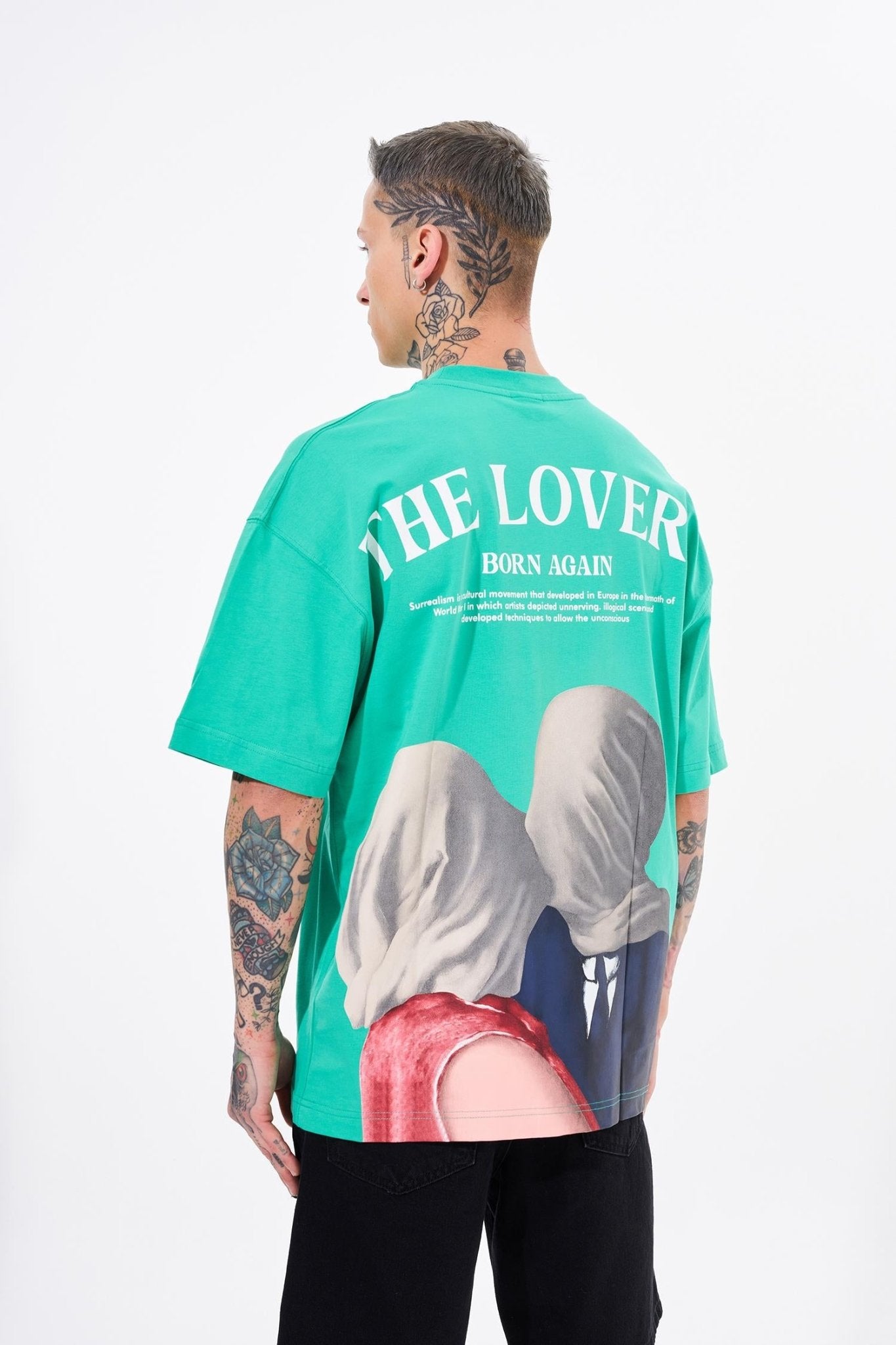 Erkek The Lovers Baskılı Oversize Tişört Elektrik Yeşili
