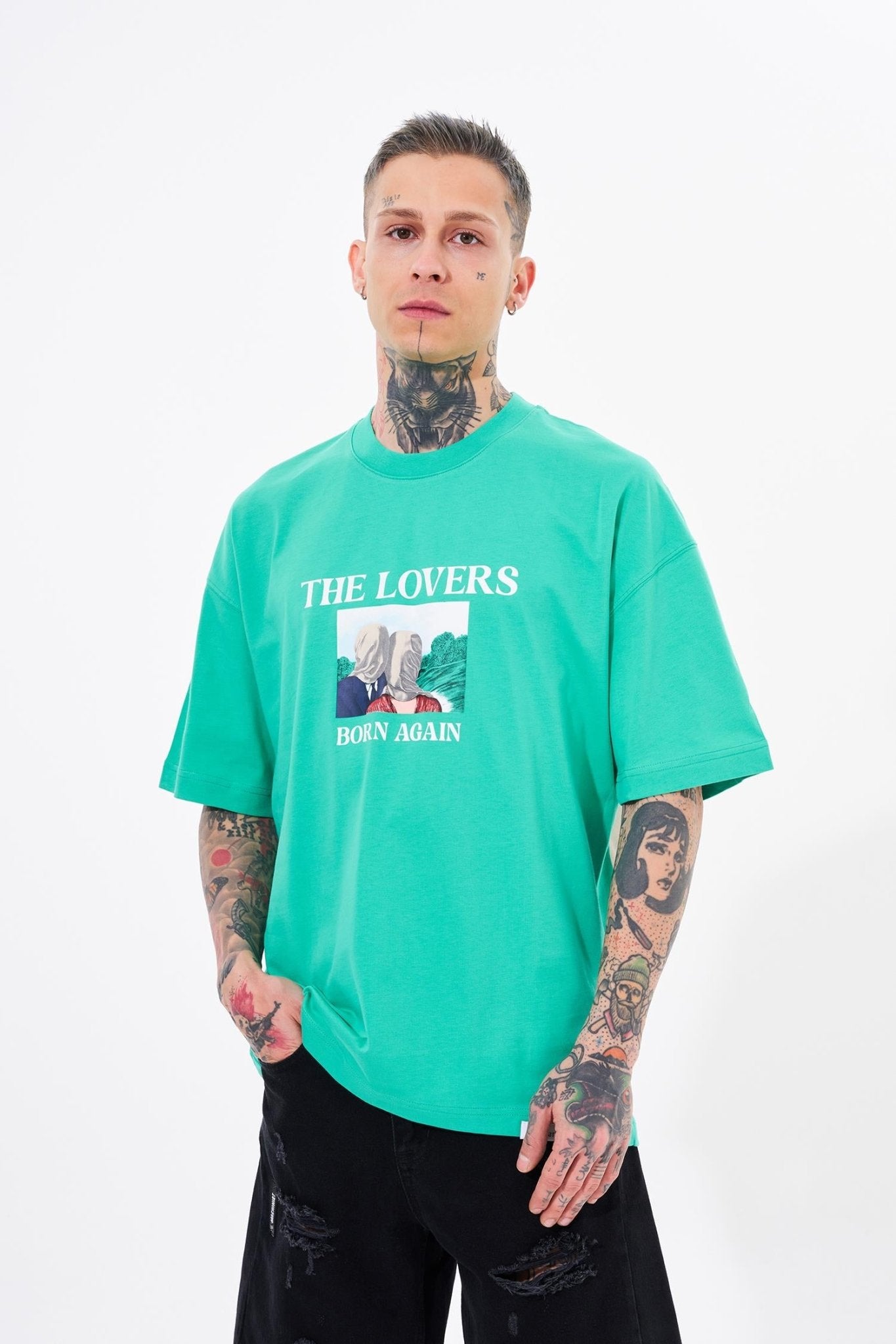 Erkek The Lovers Baskılı Oversize Tişört Elektrik Yeşili