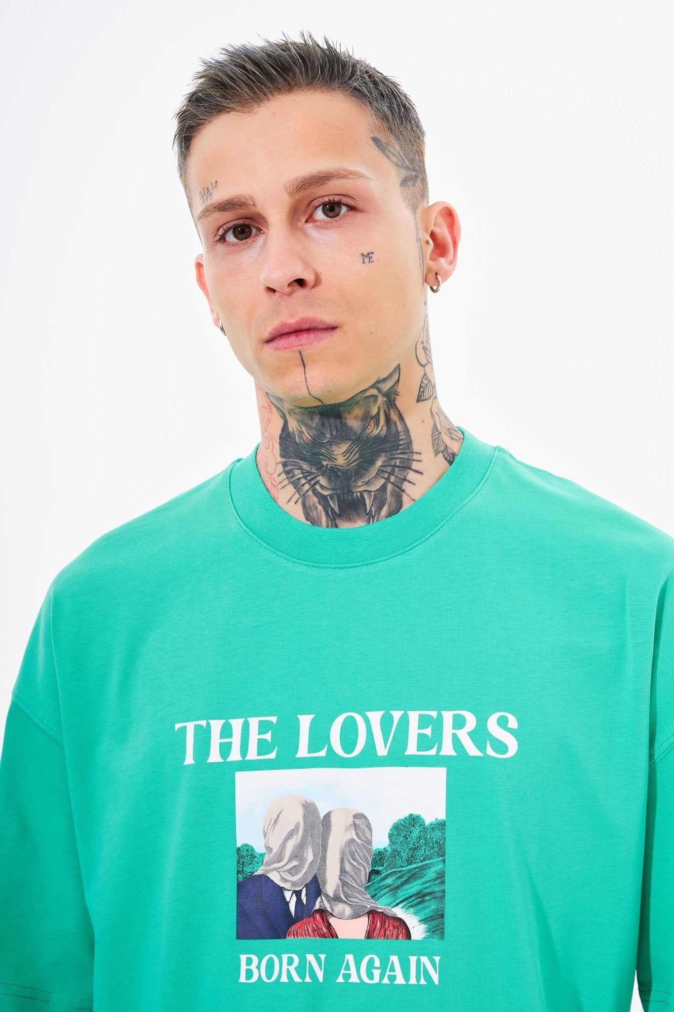 Erkek The Lovers Baskılı Oversize Tişört Elektrik Yeşili