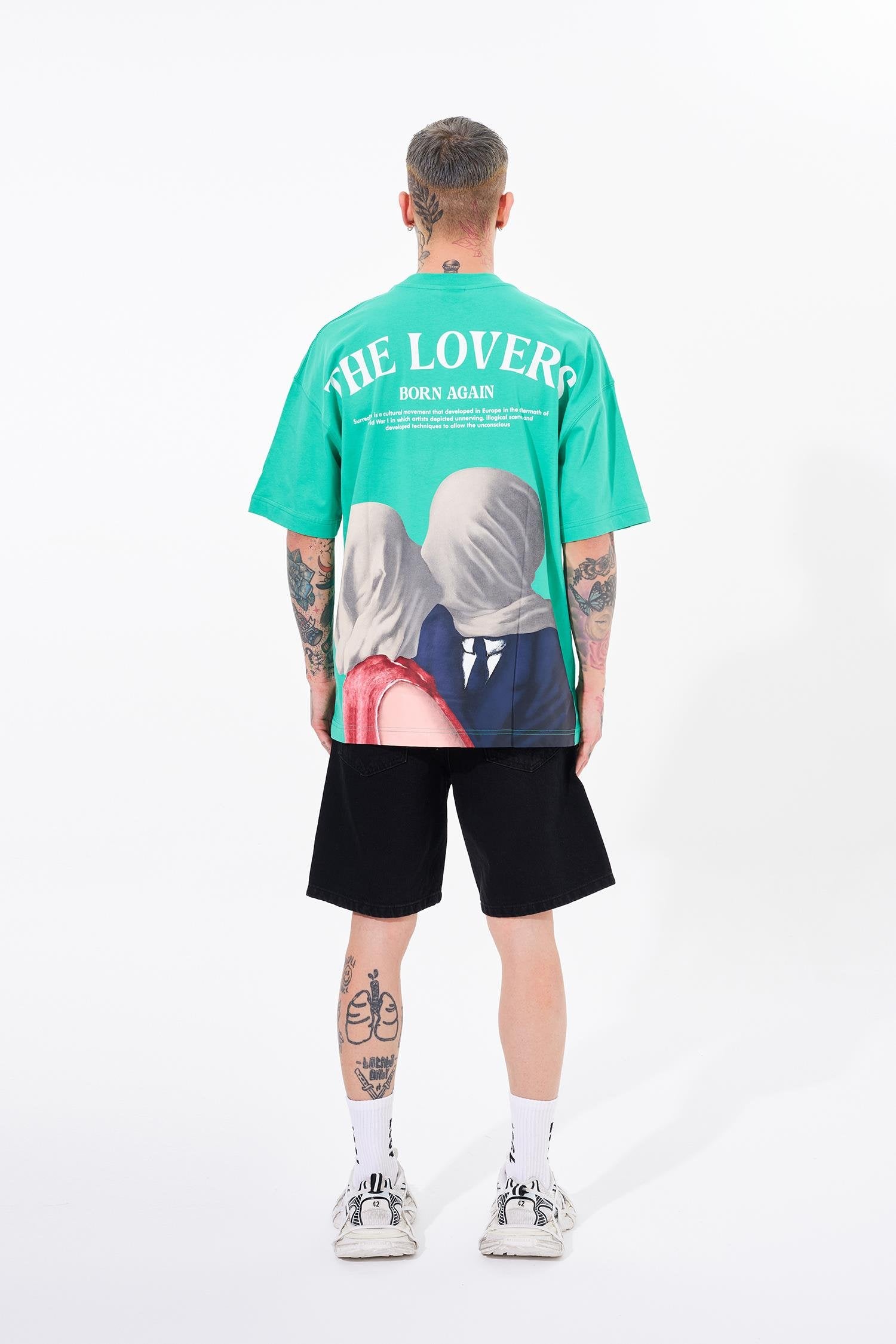 Erkek The Lovers Baskılı Oversize Tişört Elektrik Yeşili